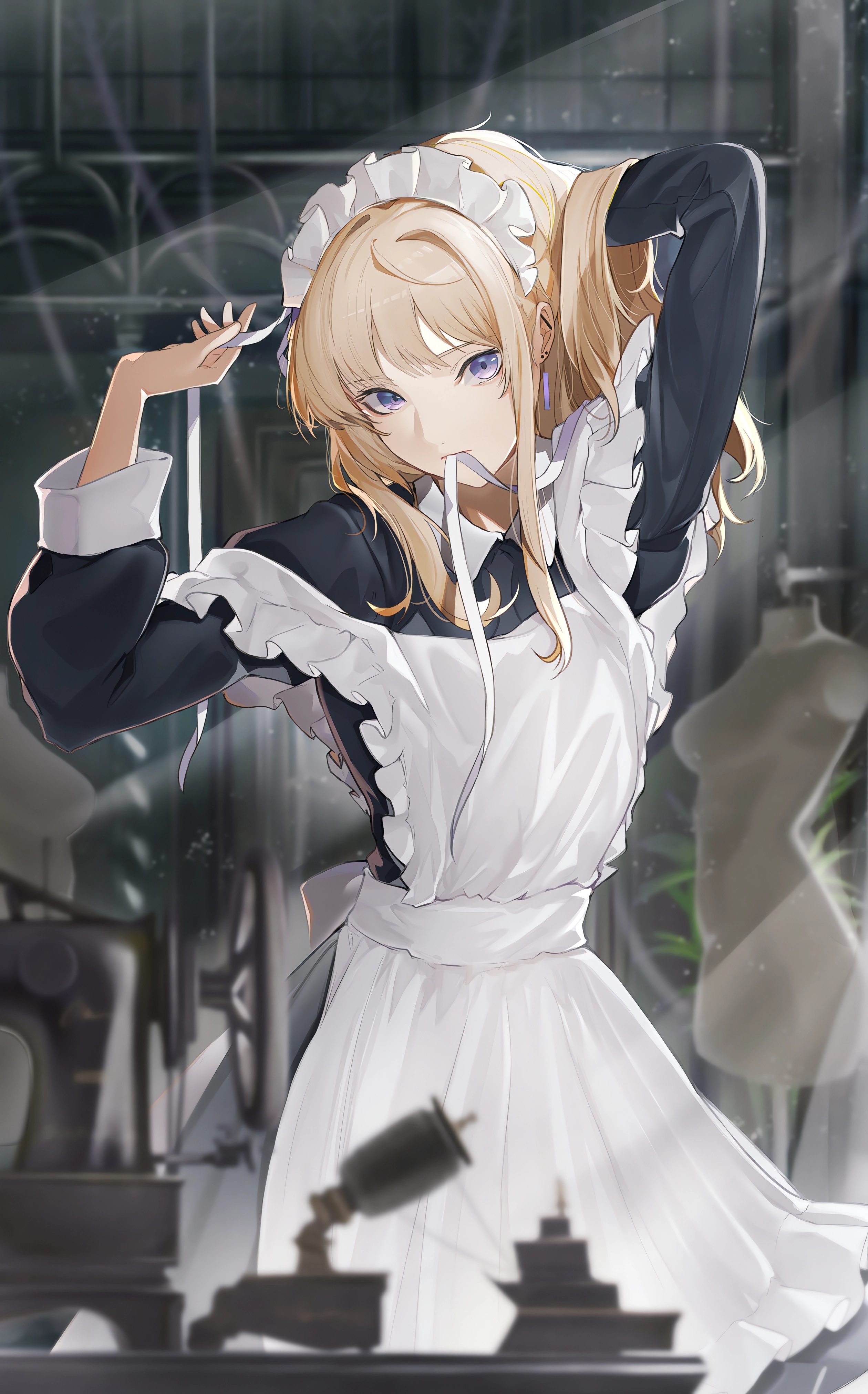 Anime Anime Girls Pixiv Portrait Display Maid Maid Outfit Blonde Blue Eyes Looking At Viewer Leaves  2520x4046