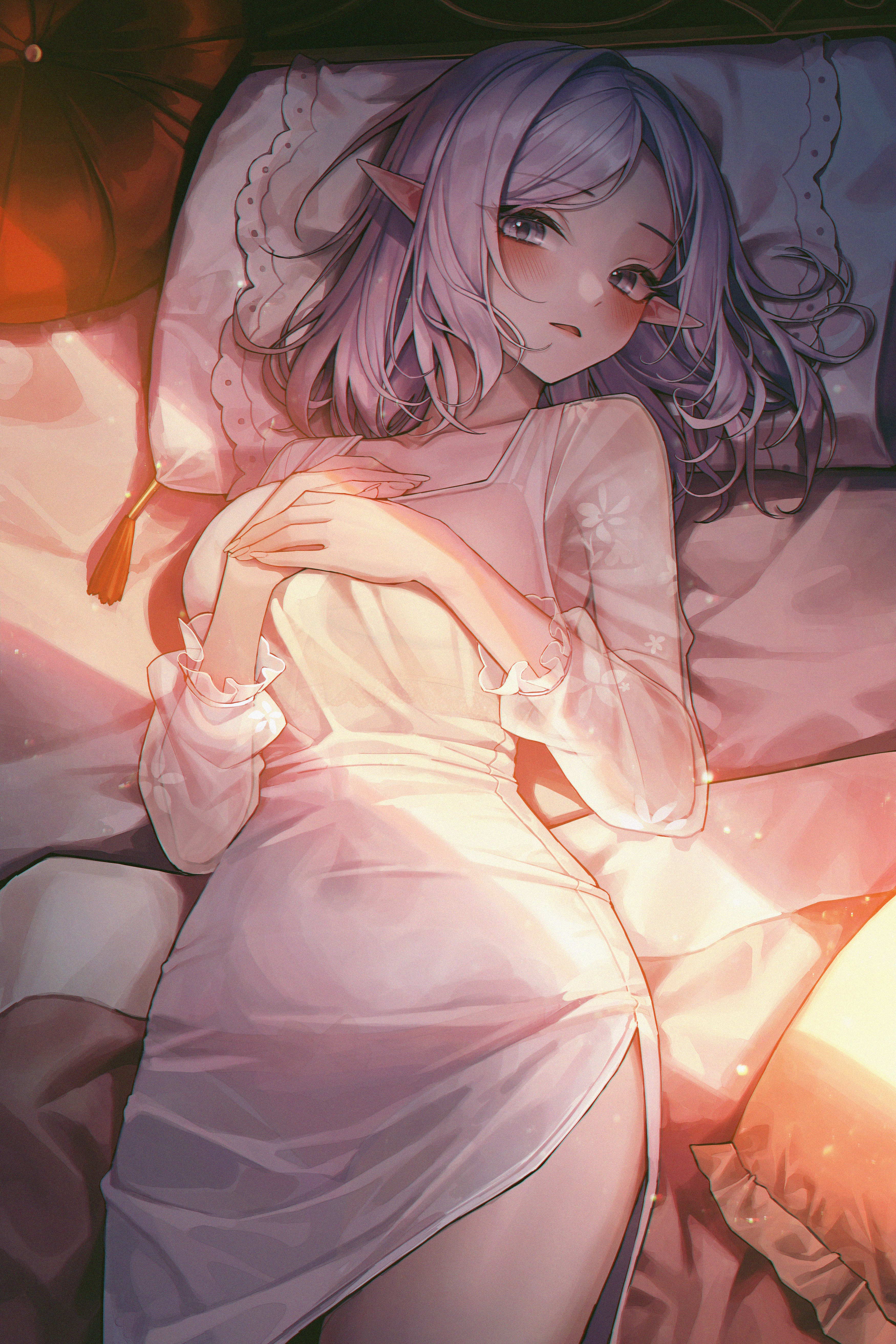 Anime Anime Girls In Bed Pillow Open Mouth Lying On Back Pointy Ears Blushing Vertical 3500x5250