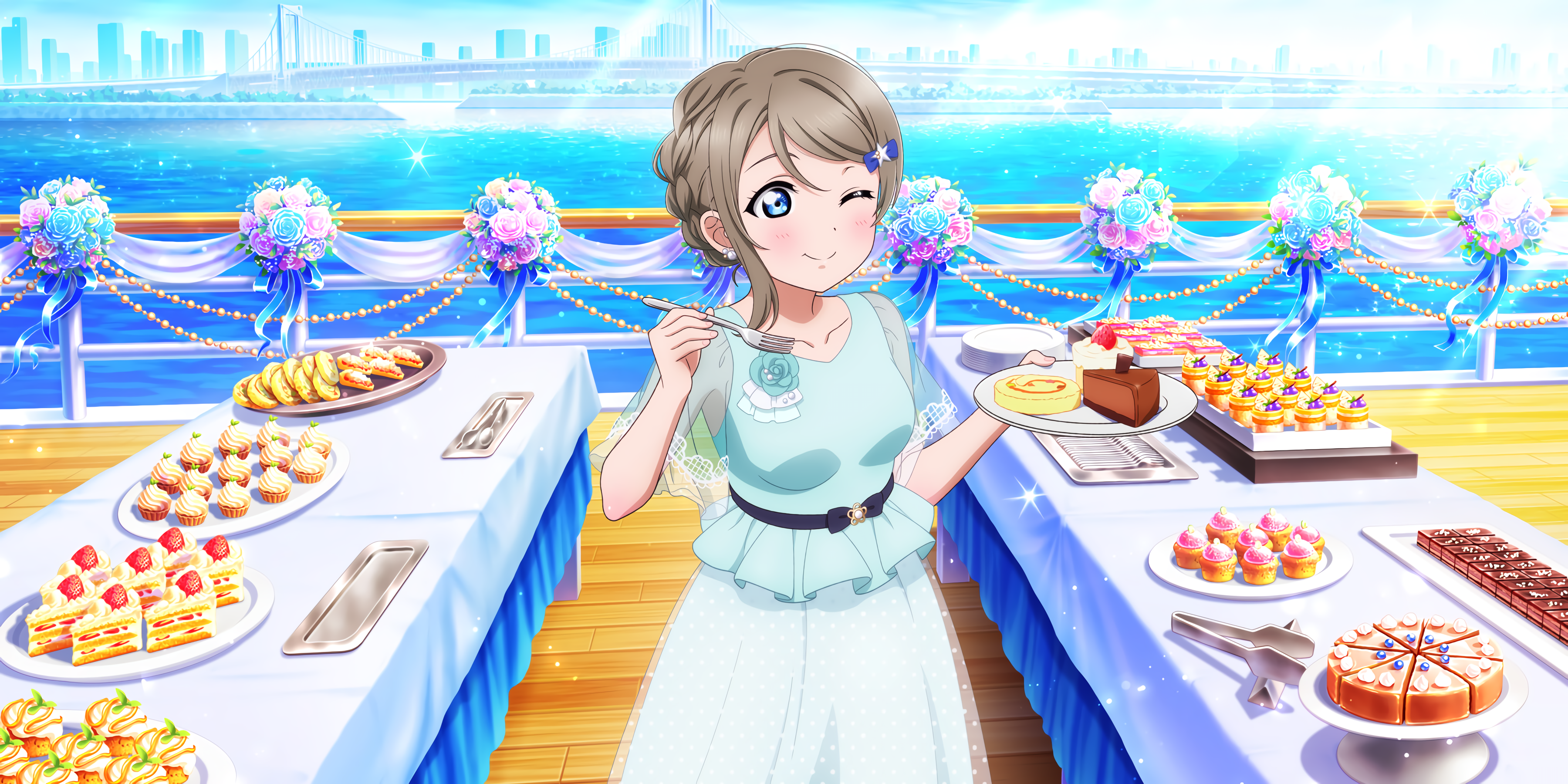 Watanabe You Love Live Sunshine Anime Girls Eating Anime Girls Food Ocean View Blue Eyes Brunette Bl 3600x1800