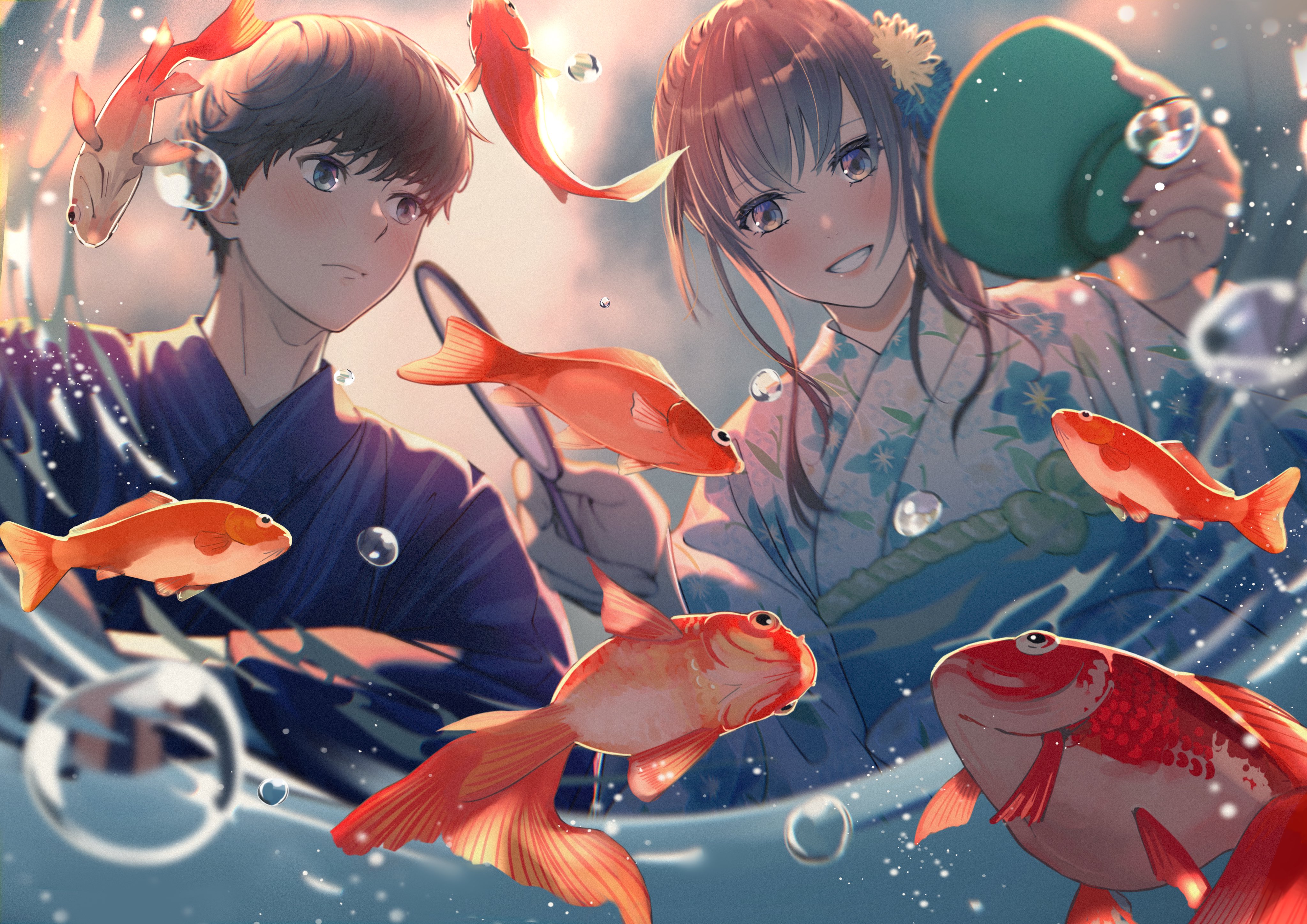 Anime Girls Fish Yukata Anime Boys Goldfish Animals Water Bubbles Smiling Kimono 4093x2894