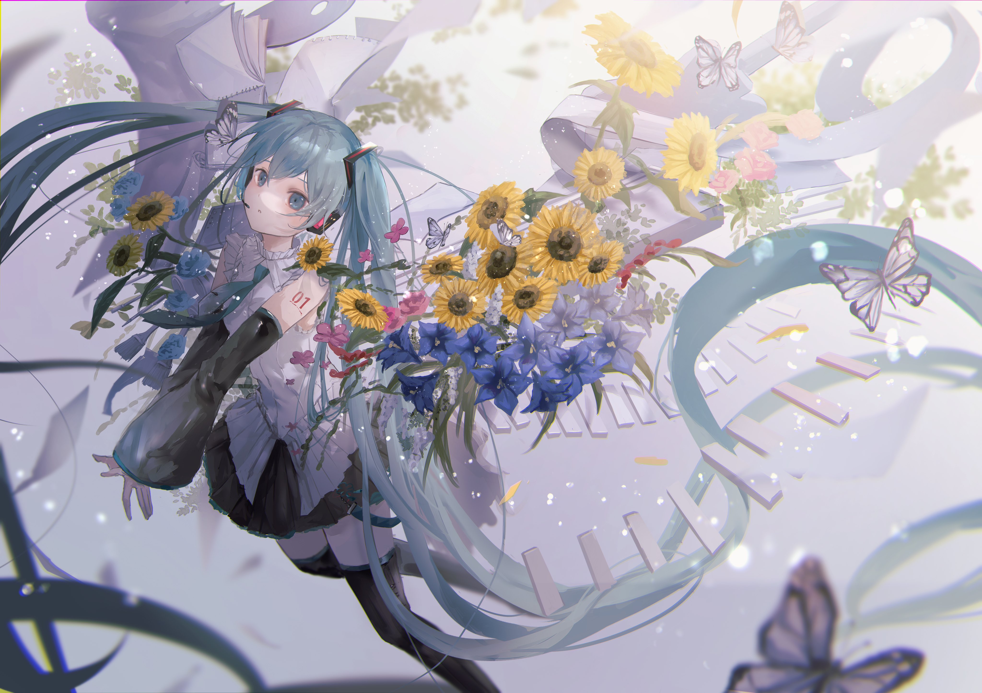 Hatsune Miku Flowers Butterfly Sunflowers Long Hair High Angle Twintails Blue Hair Blue Eyes Looking 4096x2892