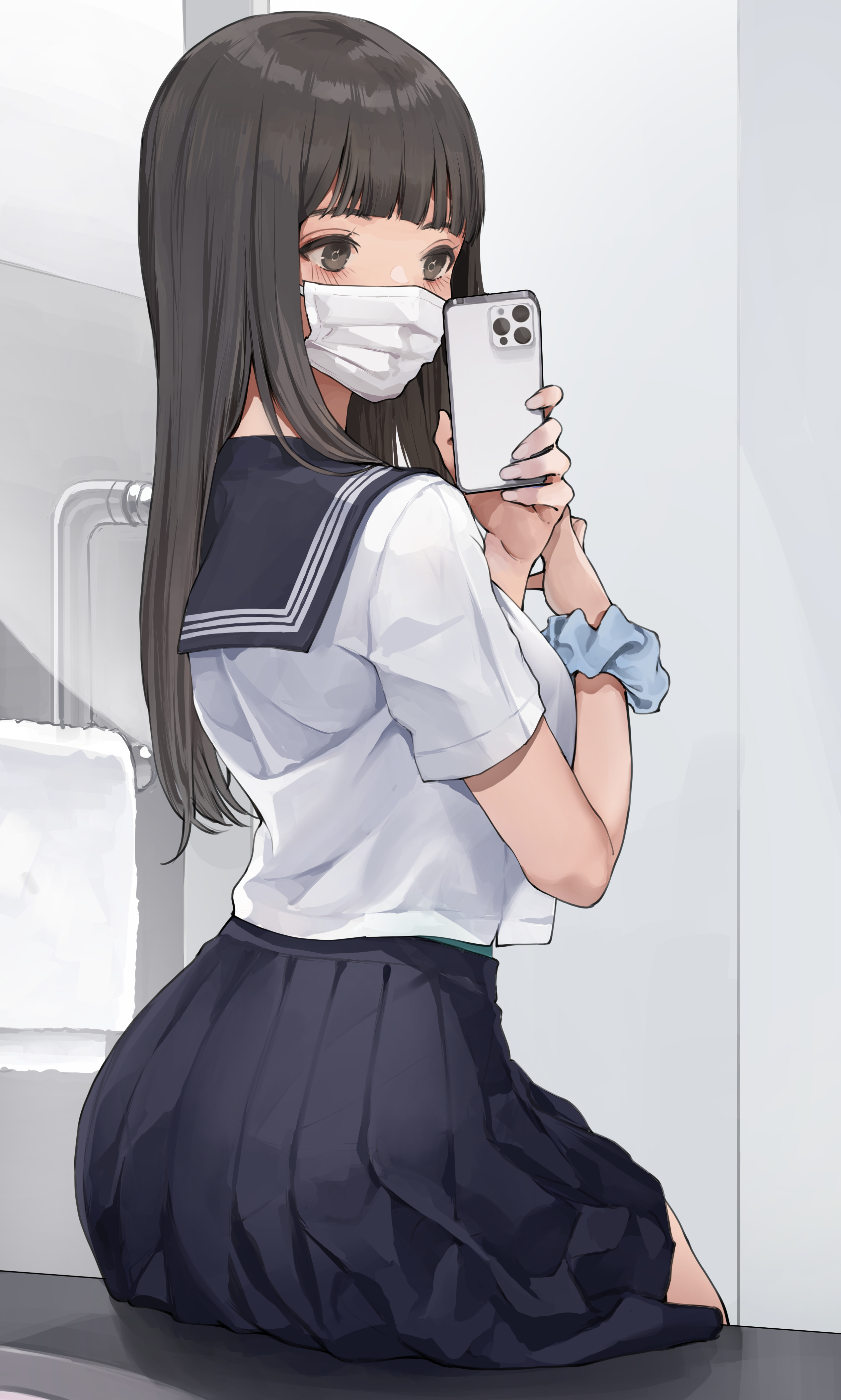 Anime Girls Anime Original Characters Selfies Cellphone JK School Uniform Sailor Uniform 2D Artwork  2534x4219