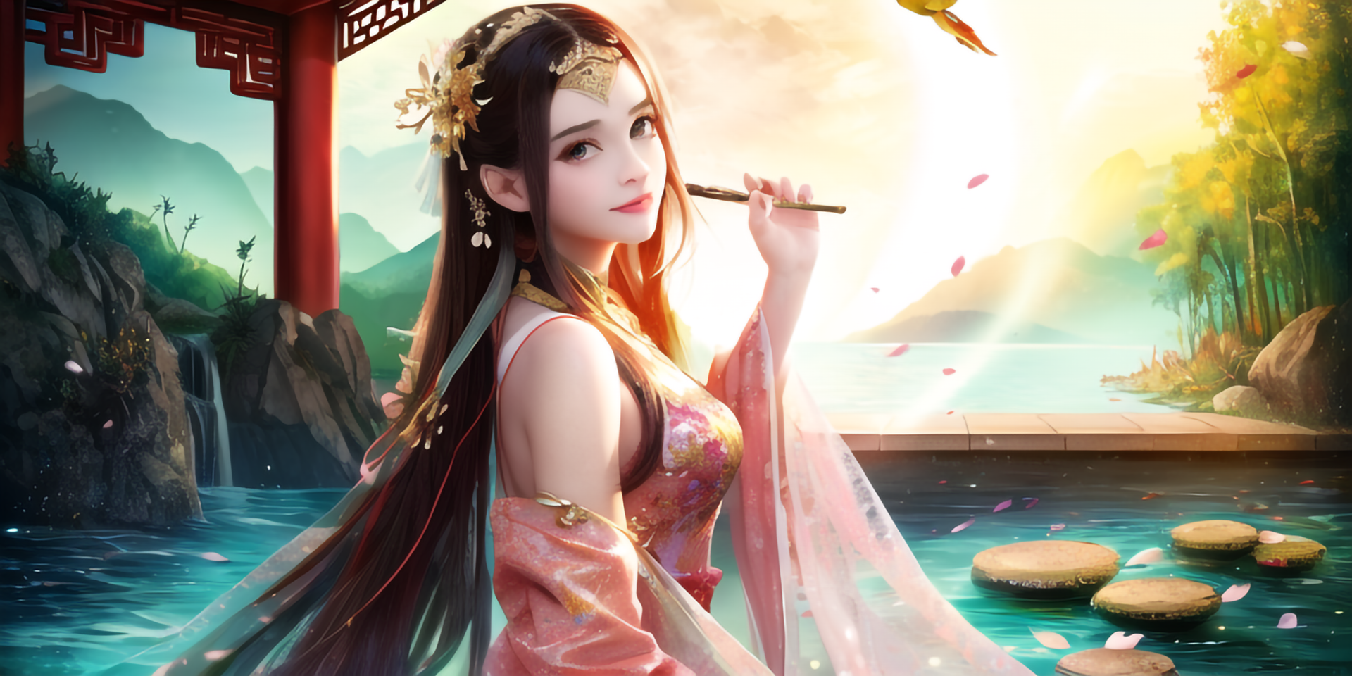 China 505 Games Ai Art Asian Women Chinese Dress Water Petals Looking At The Wiewer Looking At Viewe 1920x960
