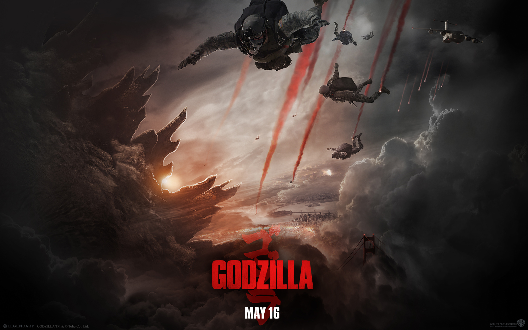Godzilla Movie Poster Sky Diving Smoke Clouds 1680x1050