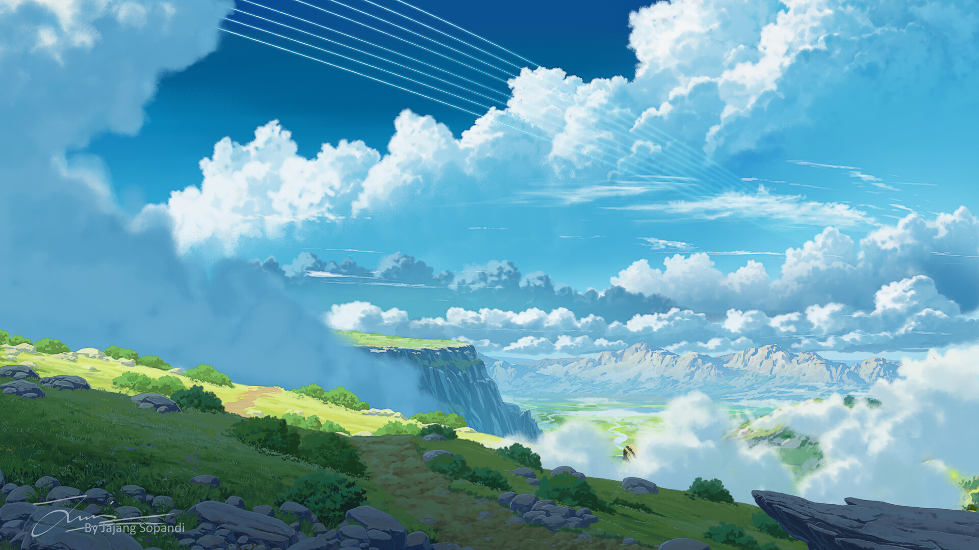 Jajang Sopandi Landscape Digital Art Clear Sky Clouds Mountains Anime Anime  Sky ArtStation Wallpaper - Resolution:1920x1080 - ID:1332303 