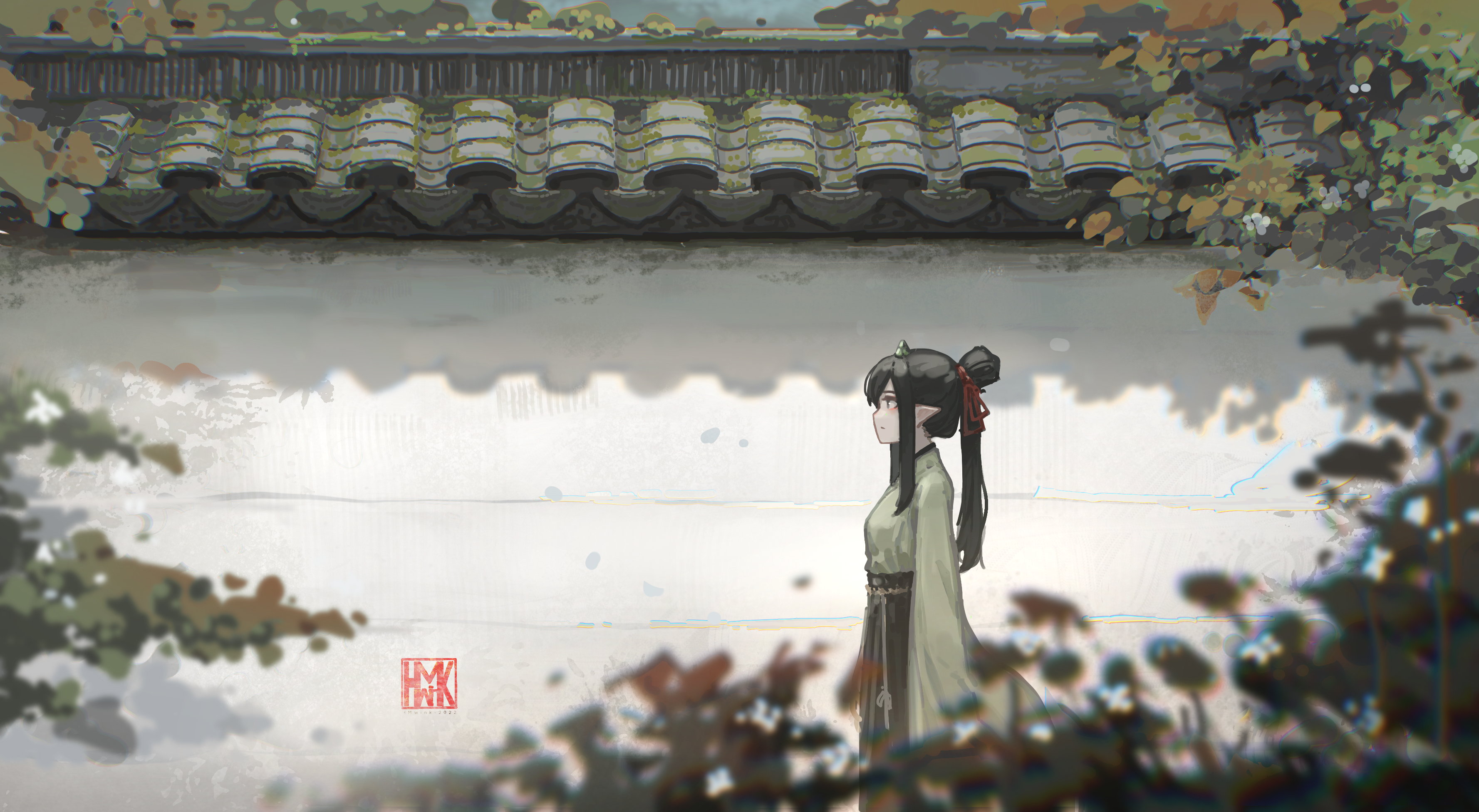 Hua Ming Wink Original Characters Chinese Clothing Wall Chinese Architecture Anime Girls Pointy Ears 3555x1952