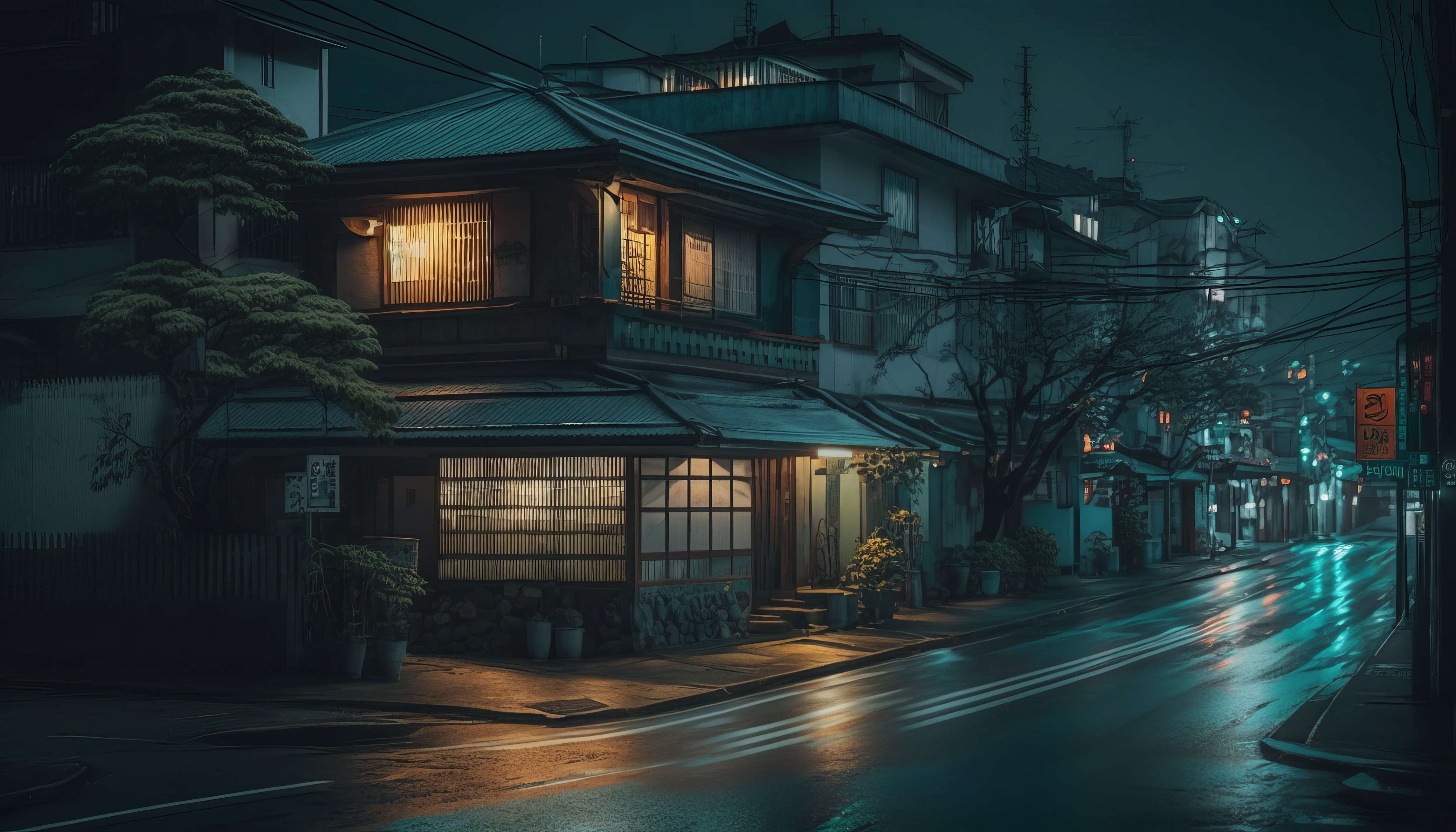 Ai Art Illustration Japan Street House Architecture Night 4579x2616