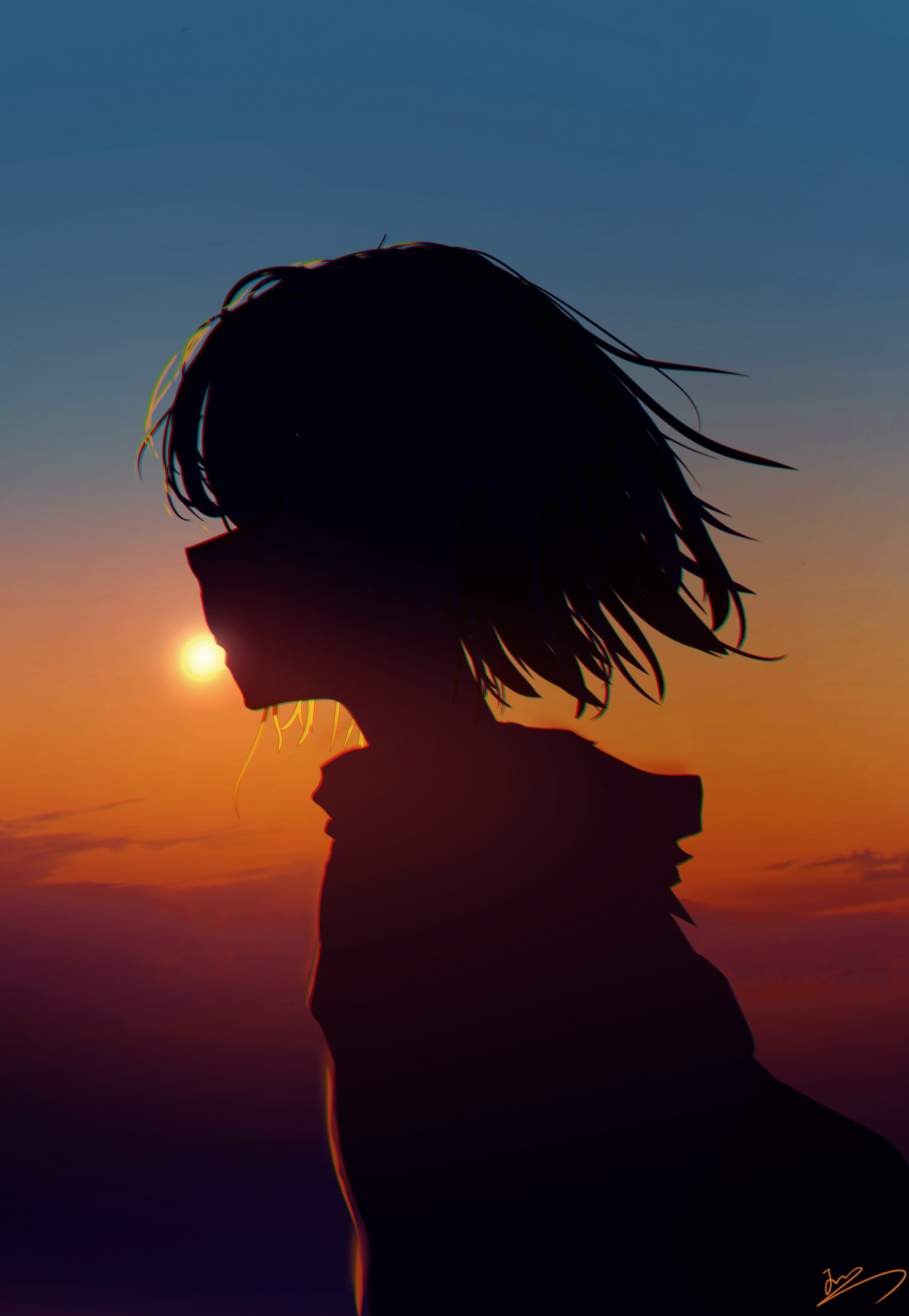 Anime Anime Girls HuashiJW Profile Side View Silhouette Sunset Sunset Glow Vertical Short Hair 1415x2048