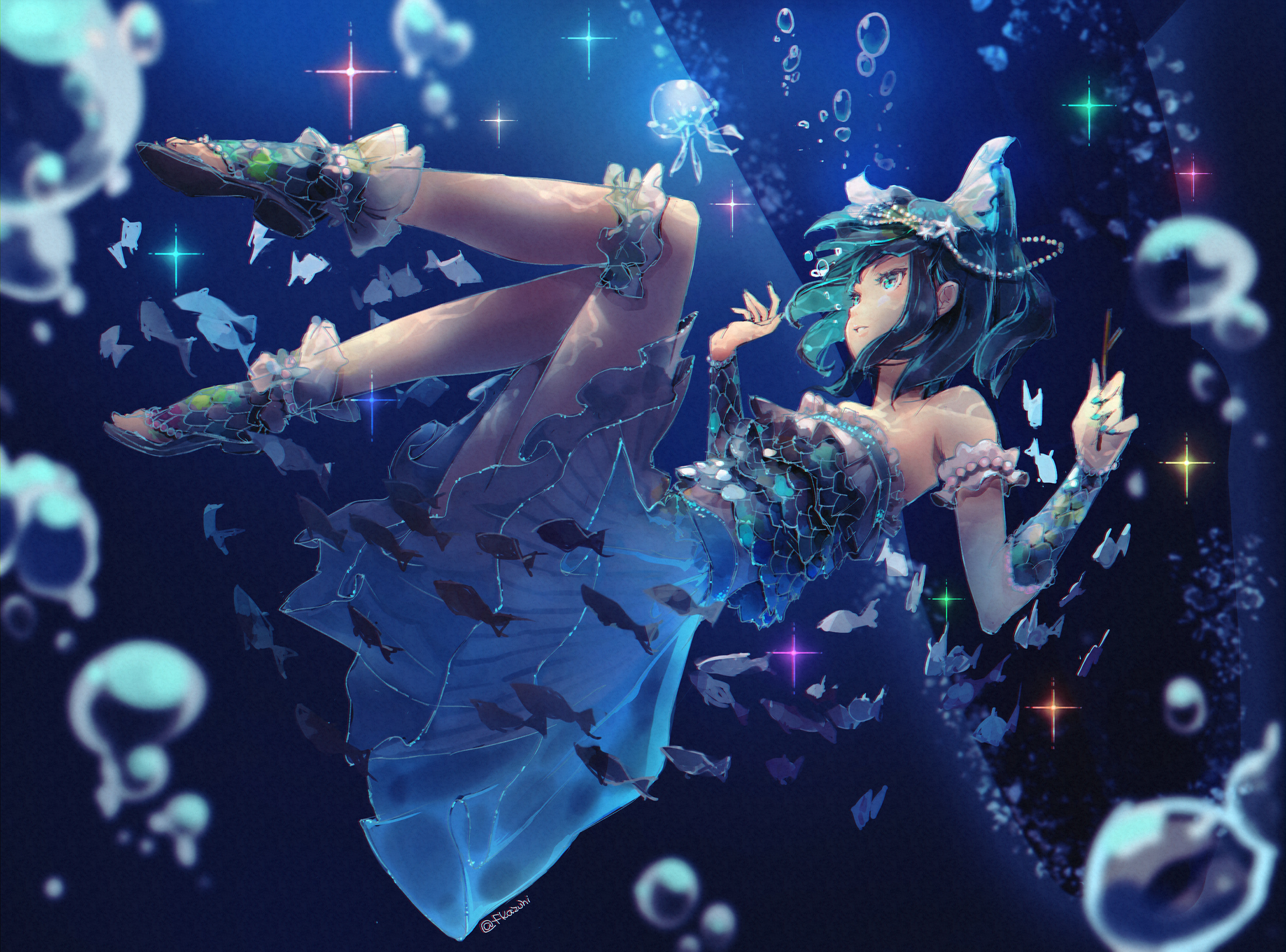 Anime Anime Girls Dress Stars Water Underwater In Water Looking Away Short Hair Blue Eyes Blue Nails 2500x1851