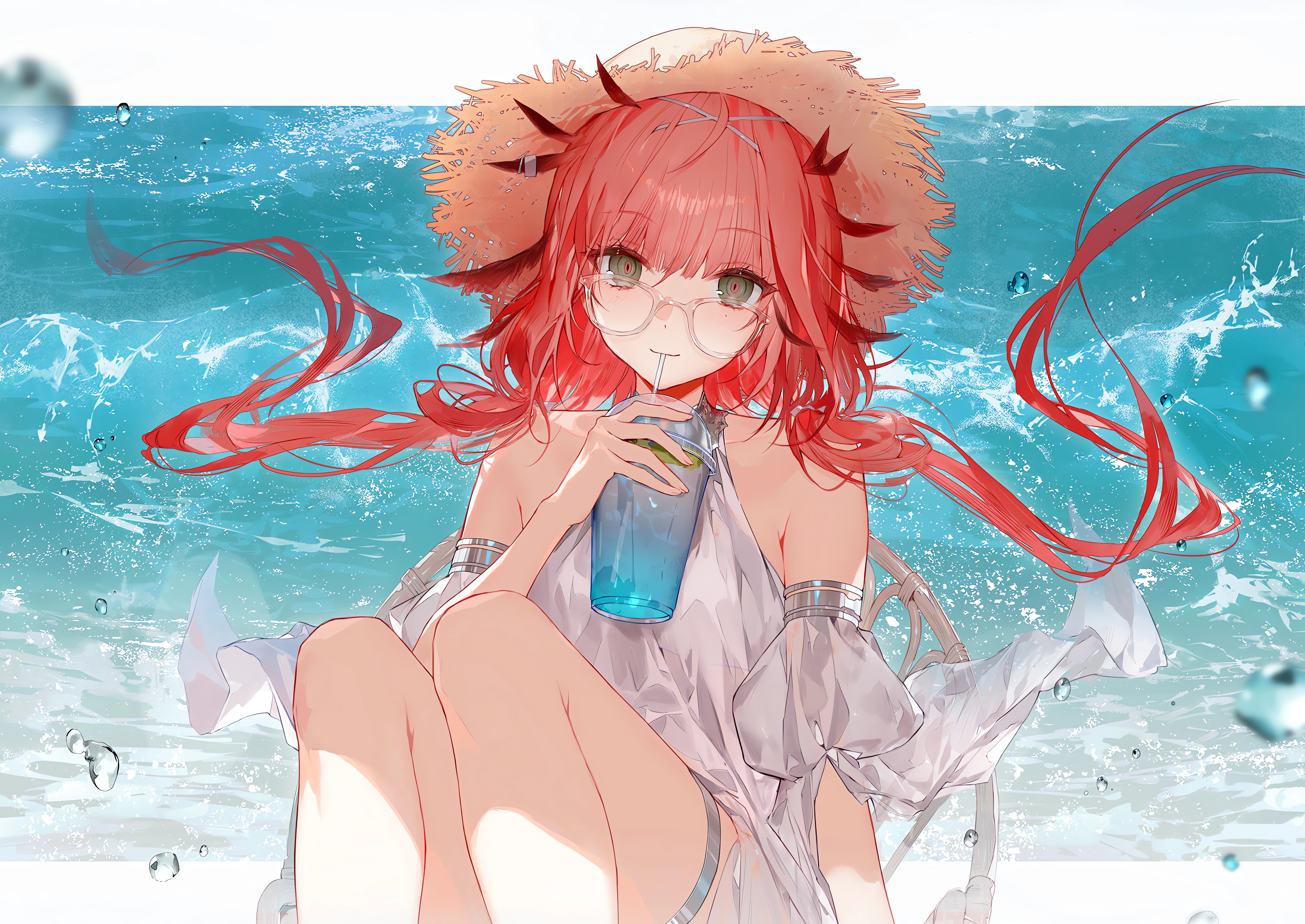 Anime Anime Girls Redhead Straw Hat Looking At Viewer Water Water Drops Drinking Arknights Erato Ark 4188x2966
