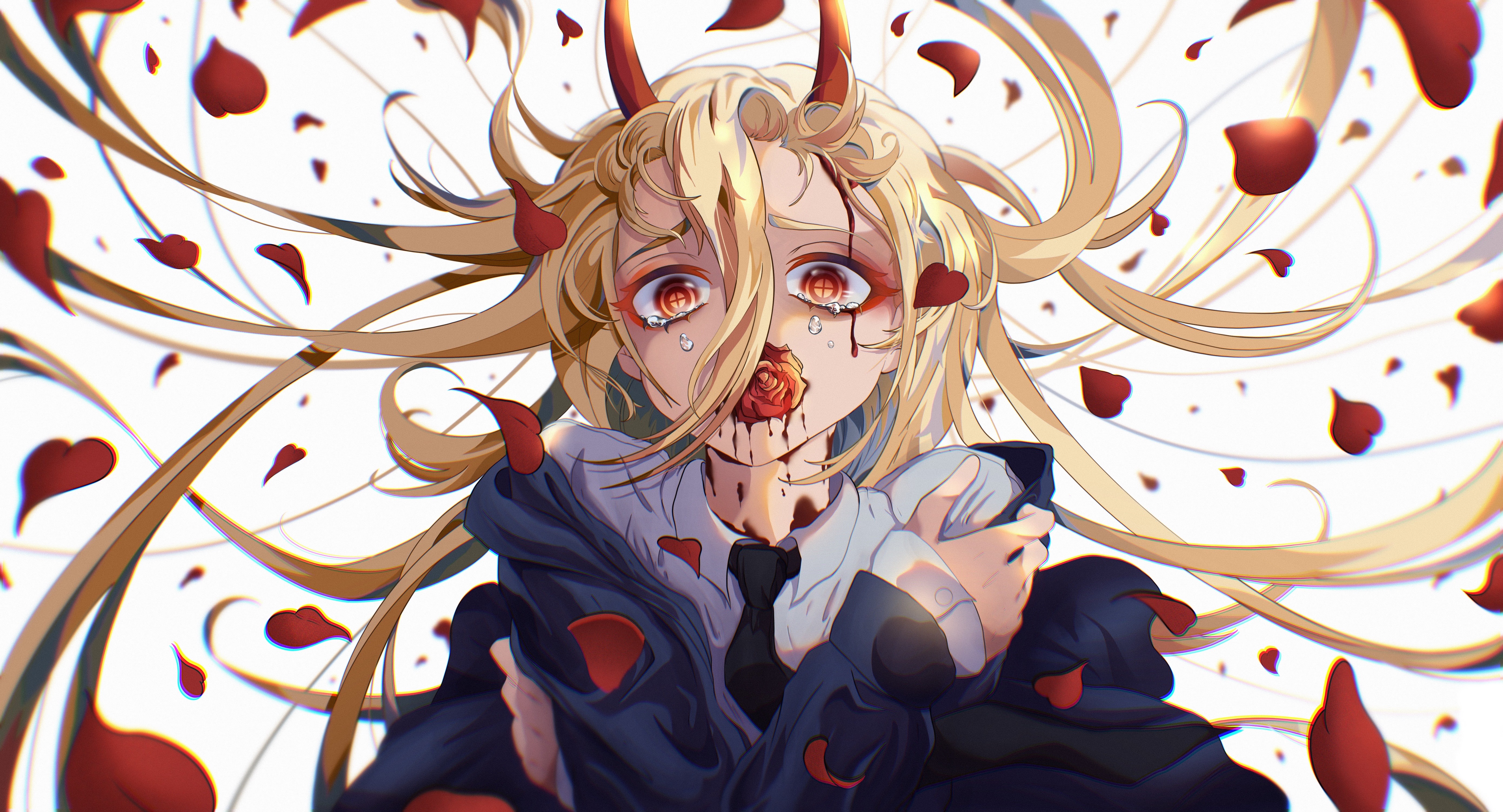 Chainsaw Man Crying Rose Power Chainsaw Man Blonde Horns Red Petals White Background Anime Girls Pet 5562x3007