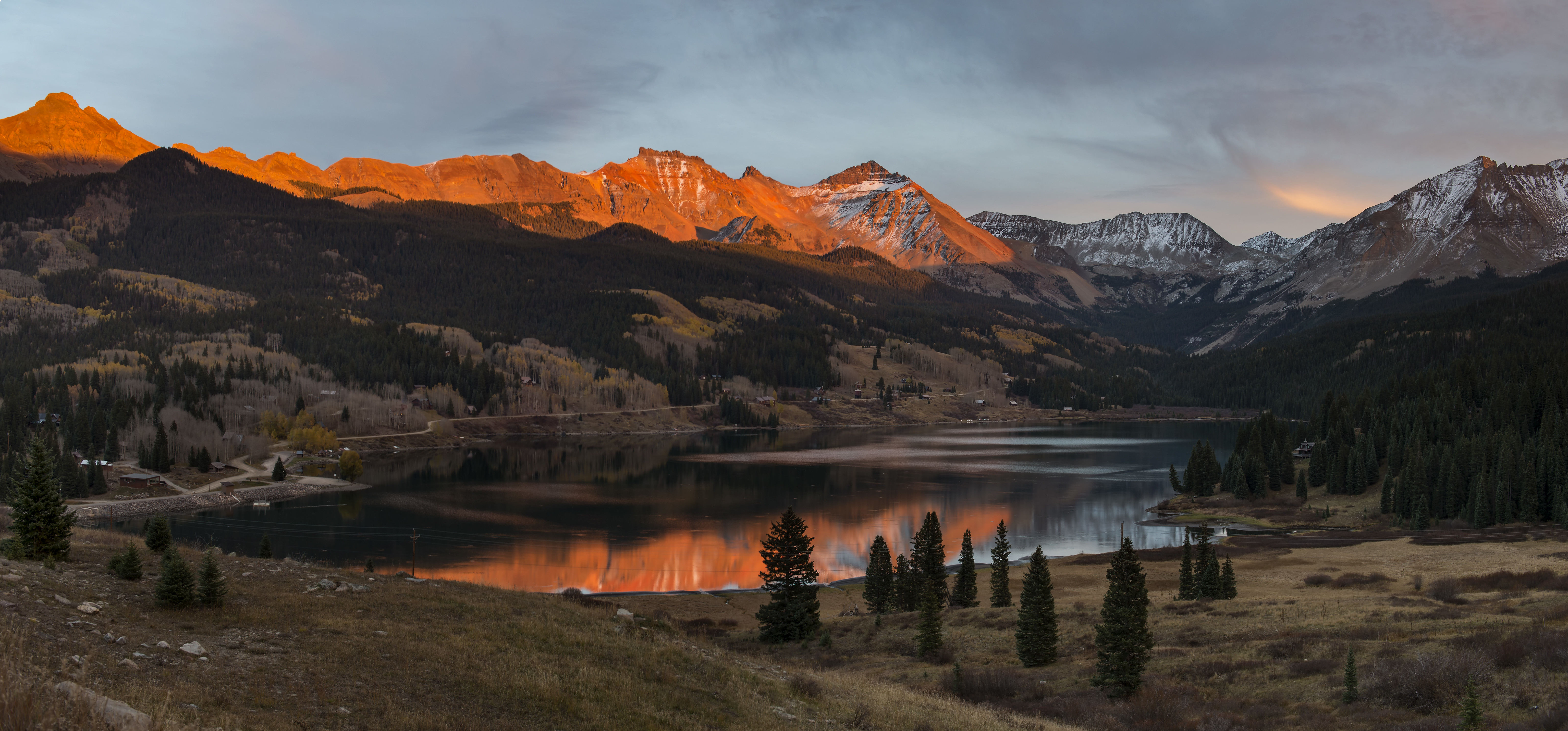 Colorado Mountains Landscape Photography Lake Sunset Water Reflection Sky Trees Snow Nature Clouds 6144x2866