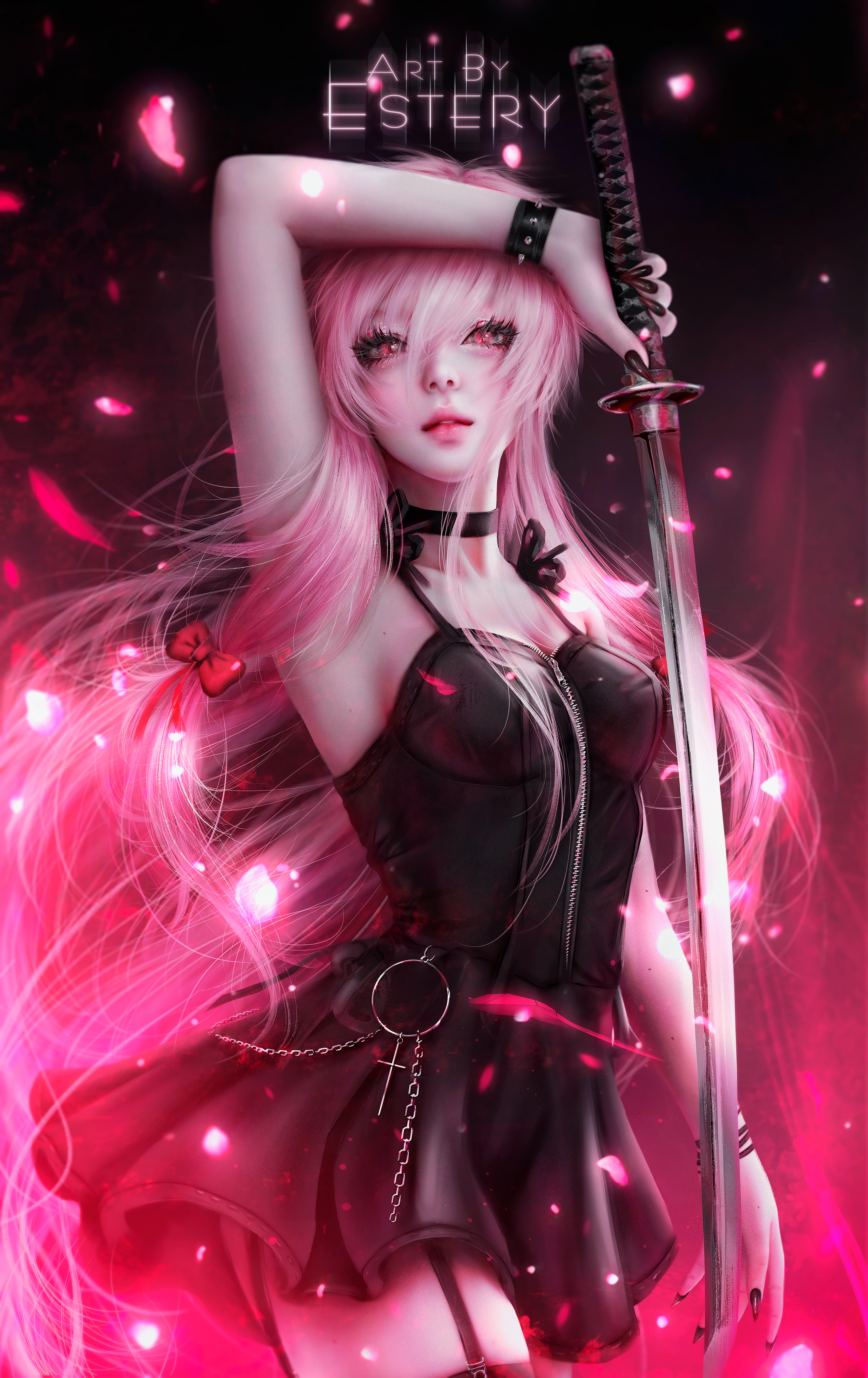 Estery Anime Anime Girls Digital Art Artwork Illustration Women Long Hair Pink Hair Black Dress Wome 3000x4761