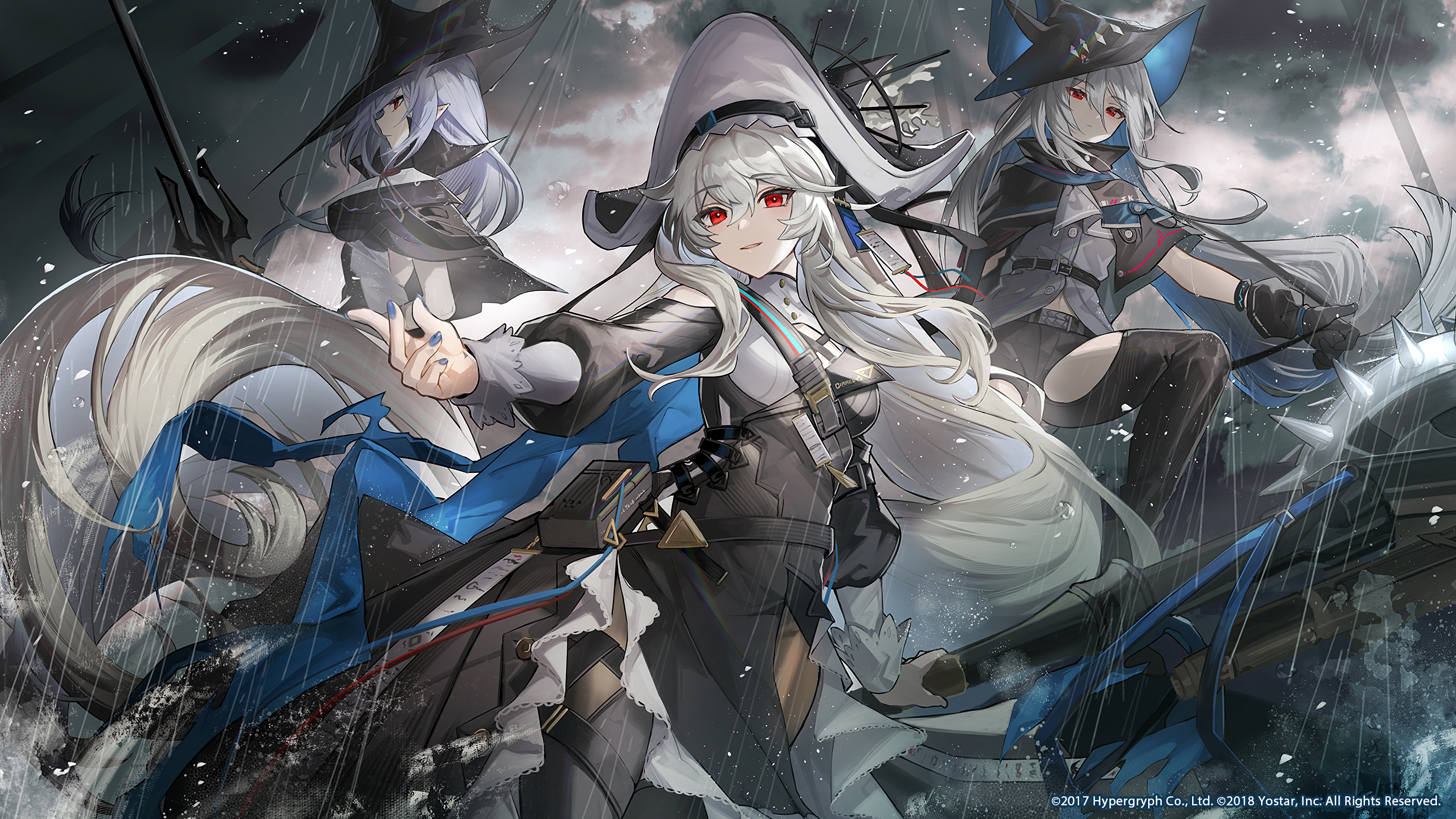 Arknights Specter Arknights Anime Girls Long Hair Smiling Red Eyes Hat Gloves Rain Looking At Viewer 3840x2160