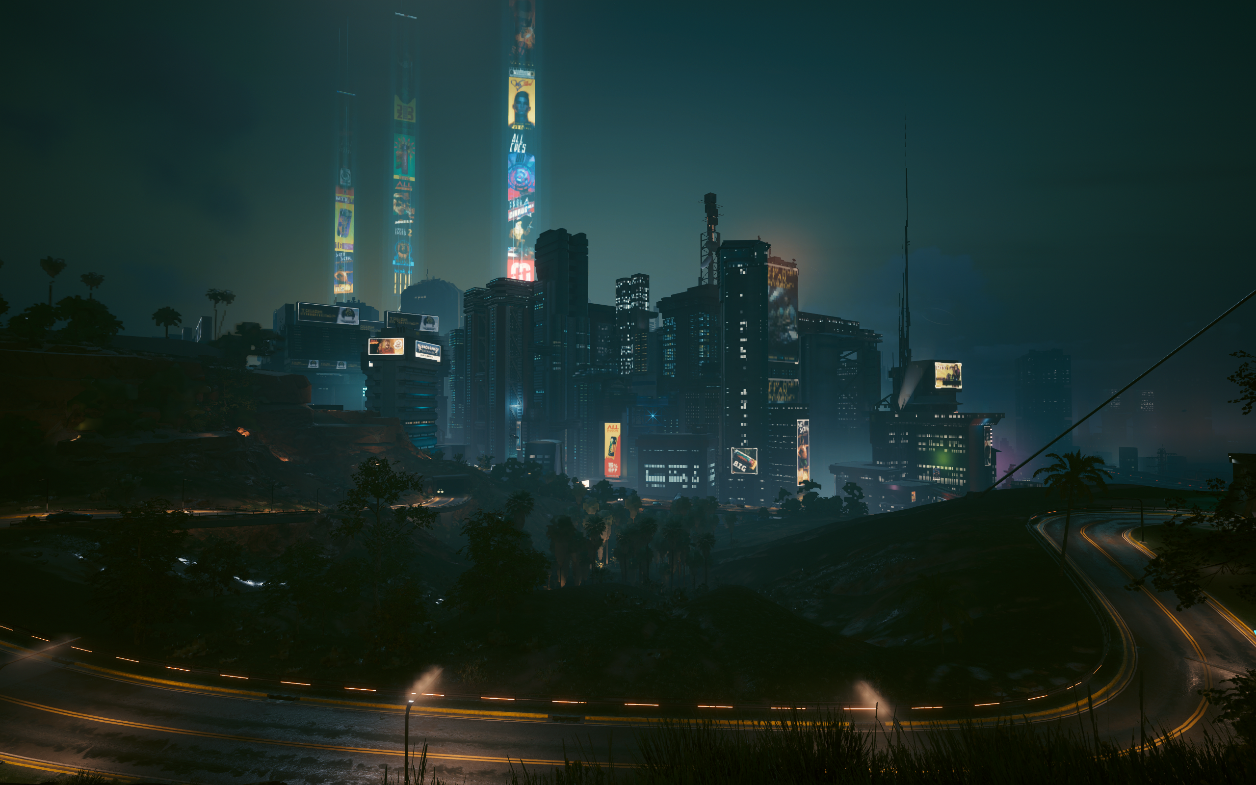 Cyberpunk 2077 Highway Video Games Road City City Lights Night Building CGi 2560x1600