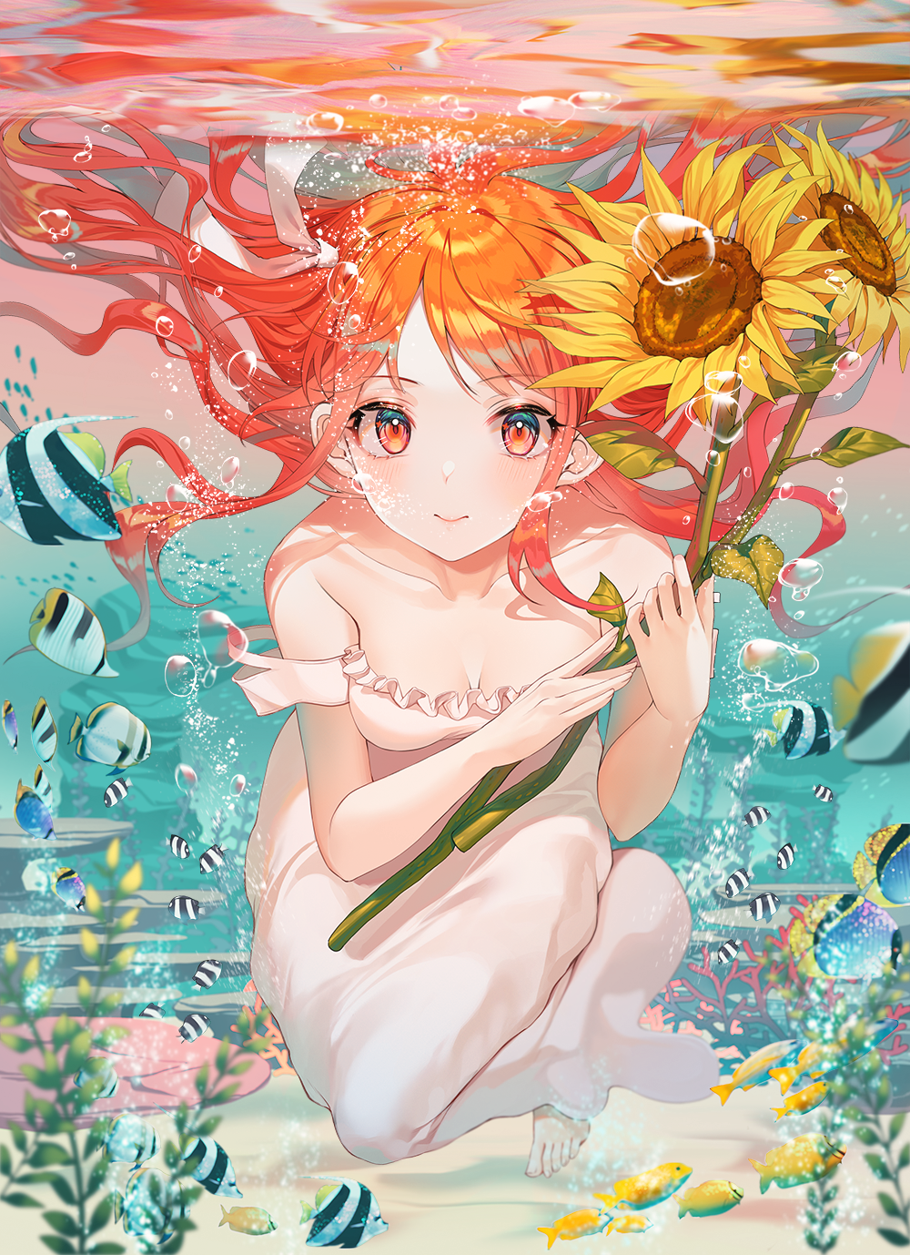 Anime Girls Portrait Display Underwater Tropical Fish Looking At Viewer Dress White Dress Long Hair  1000x1378
