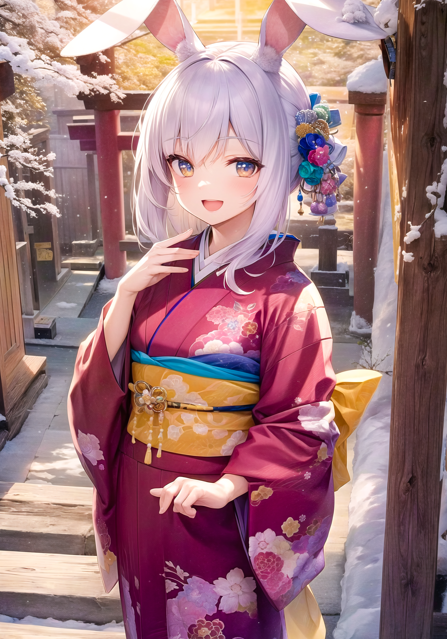 Anime Anime Girls Vertical Kimono Bunny Girl Bunny Ears Snow Flower In Hair Looking At Viewer 1792x2560