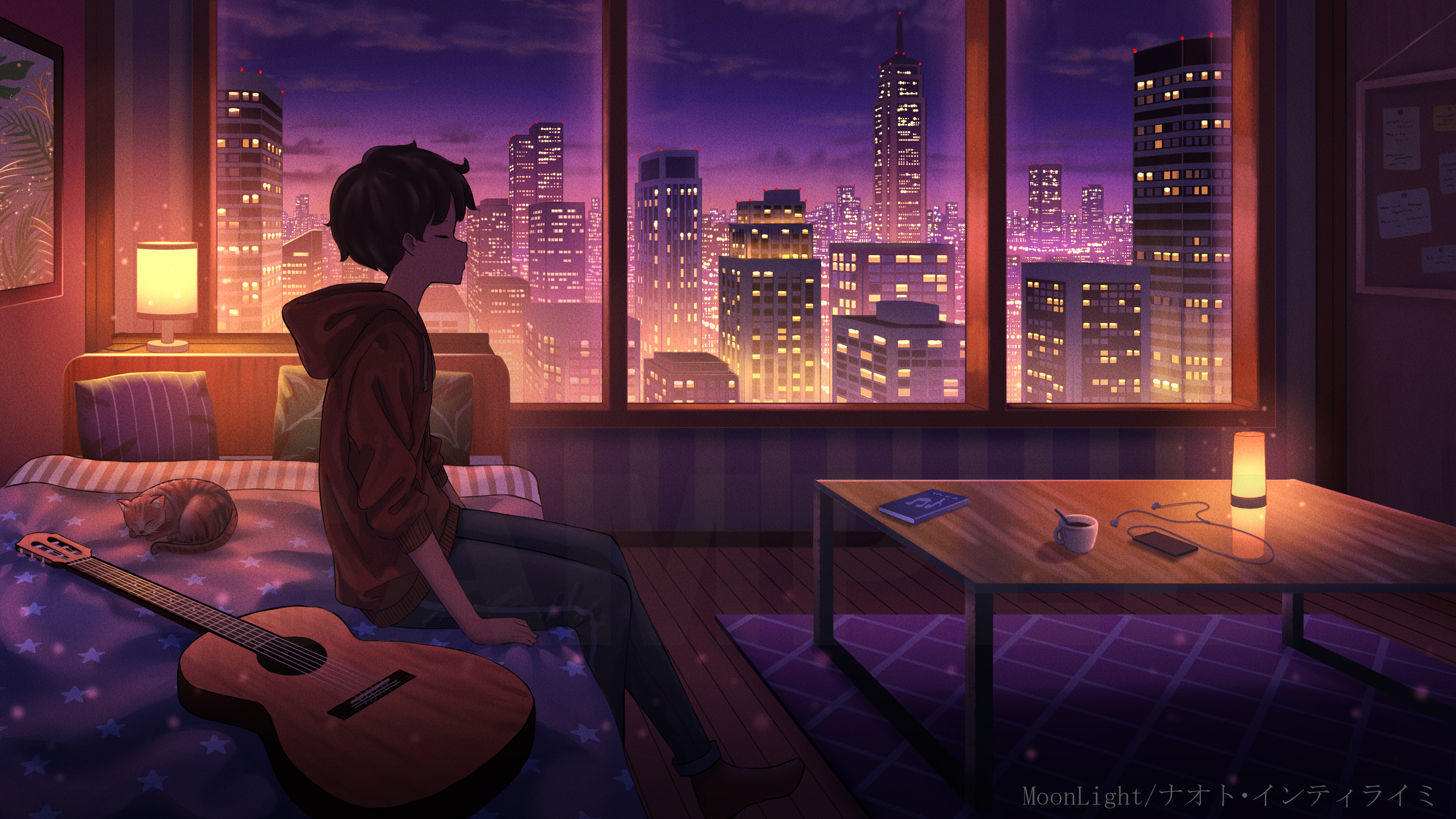 Pasoputi Cityscape Men Indoors Guitar Musical Instrument Cats Closed Eyes Watermarked City Lights An 3840x2160