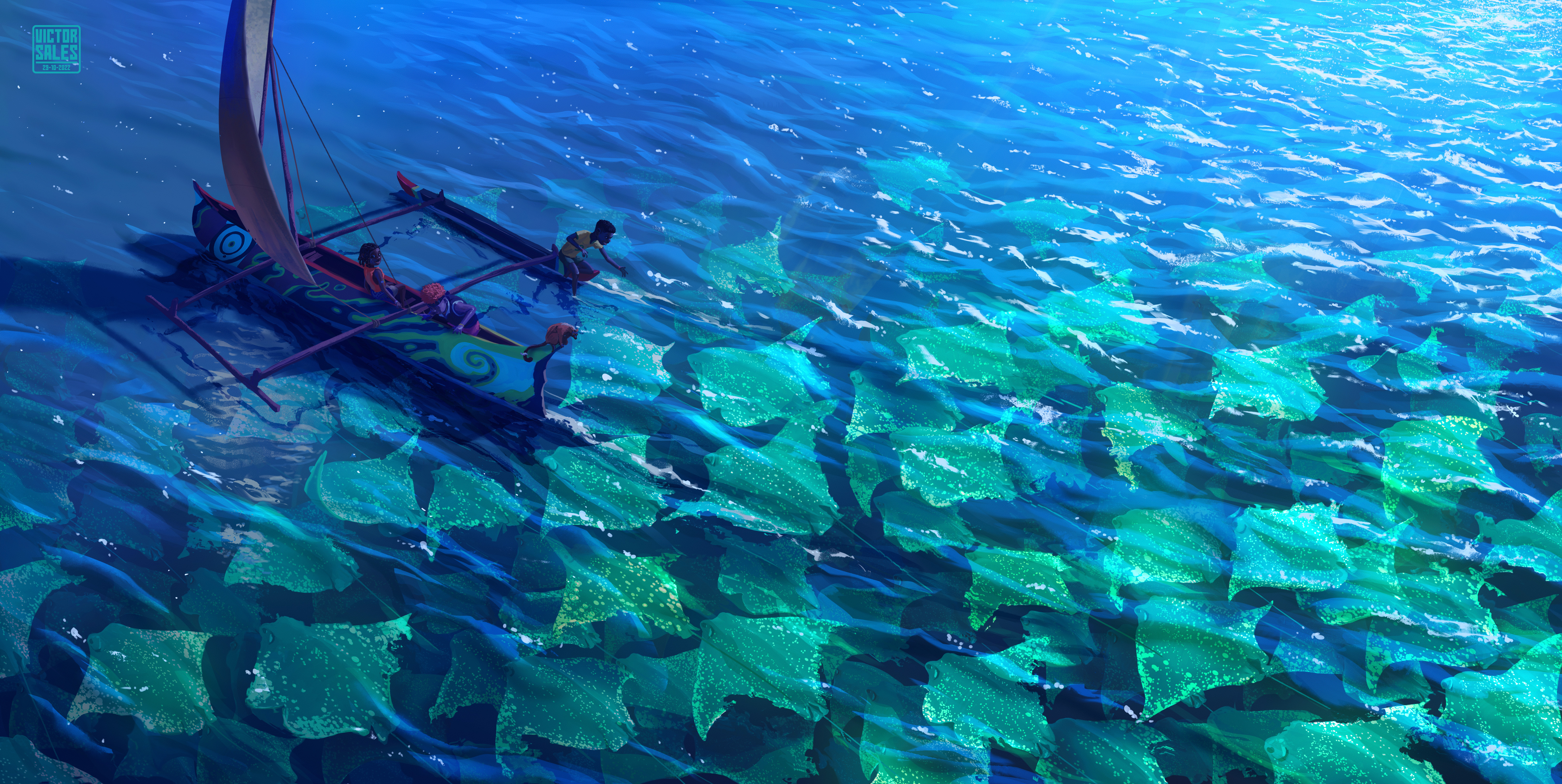 VSales Digital Art Artwork Illustration Landscape Sea Water Boat Manta Rays Animals Nature Sailing S 6038x3032