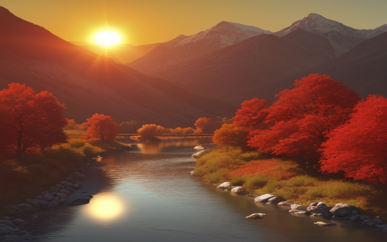 Sunset Trees River Mountain Chain Digital Art 1280x800