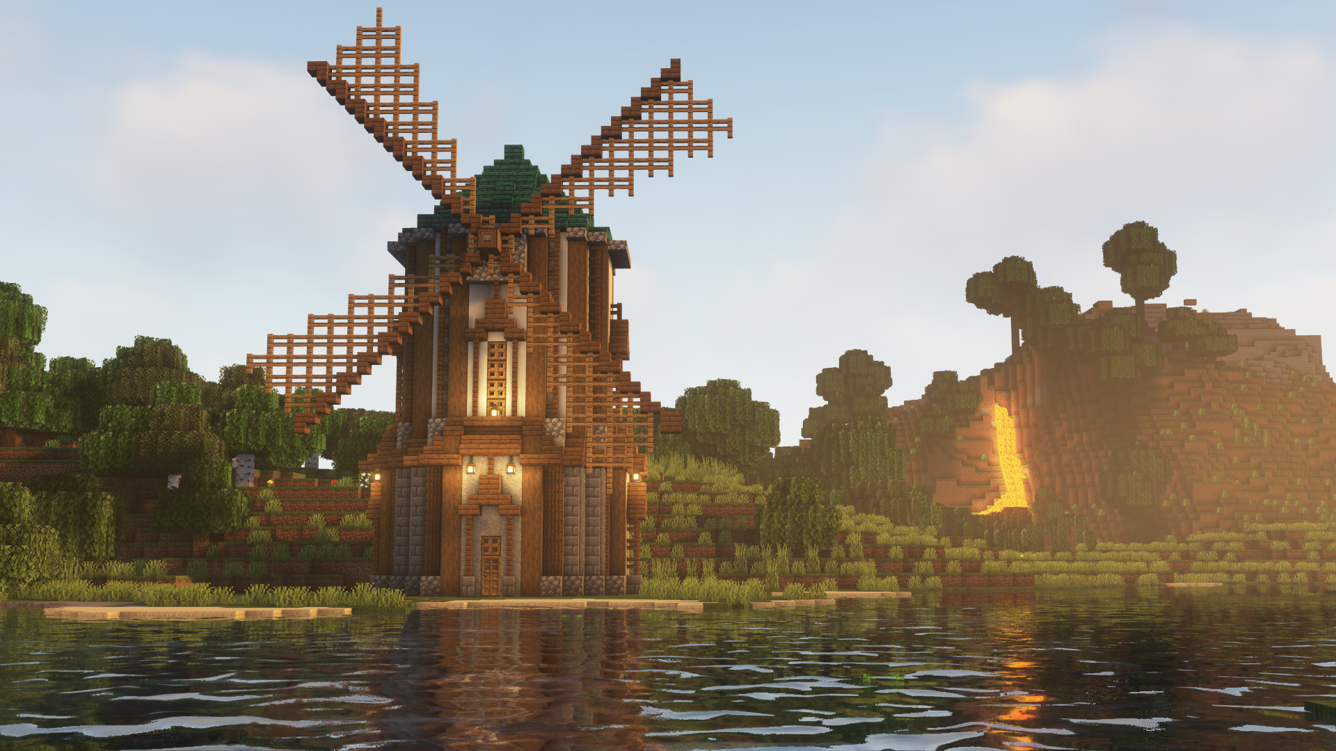 Minecraft Shaders Landscape Video Games Water CGi Windmill 1920x1080