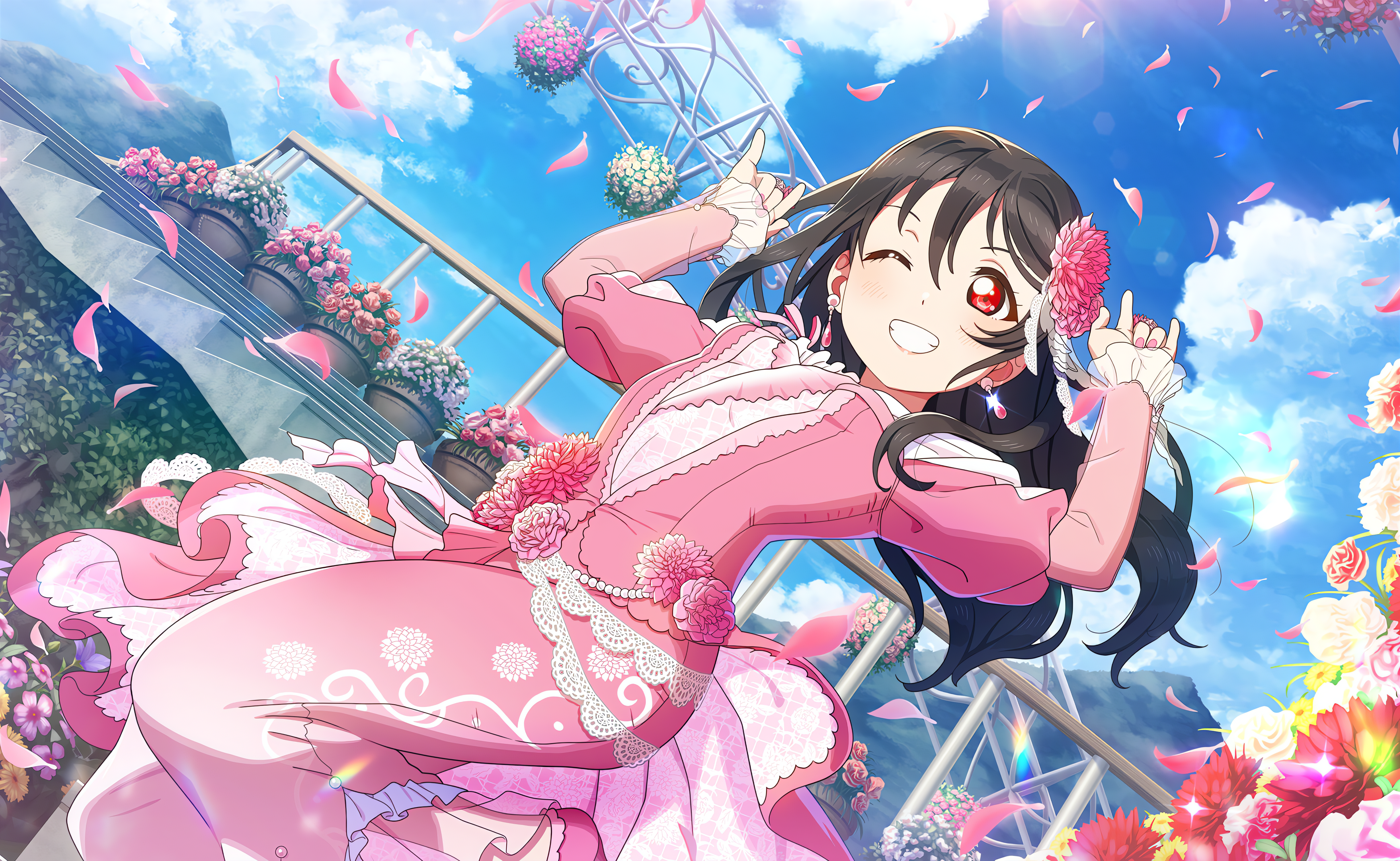 Yazawa Nico Love Live Anime Anime Girls Sky Sunlight Clouds One Eye Closed Petals Flower In Hair Dre 4096x2520