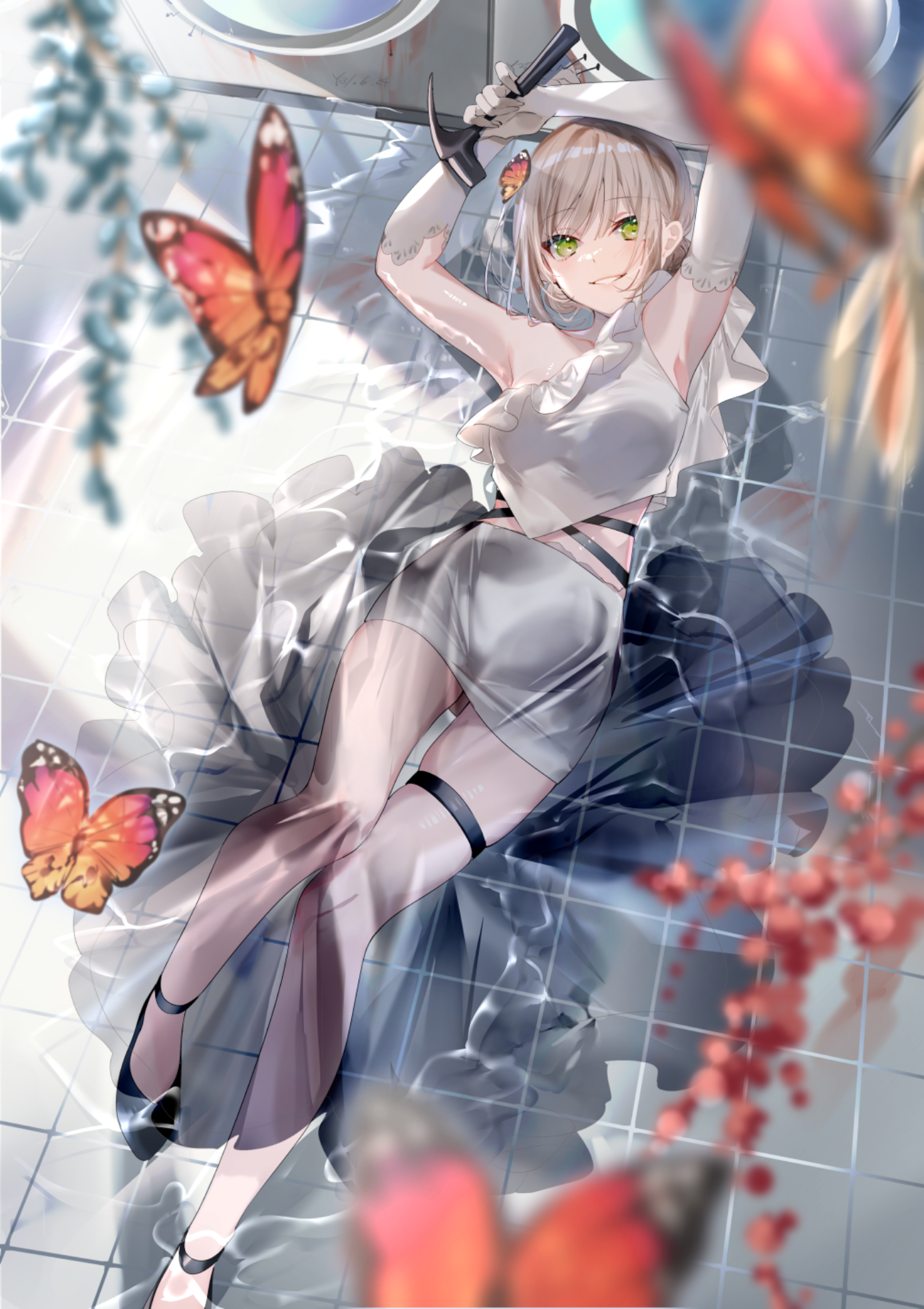 Anime Pixiv Anime Girls Portrait Display Butterfly Looking At Viewer Armpits Hammer Elbow Gloves Wat 1389x1966