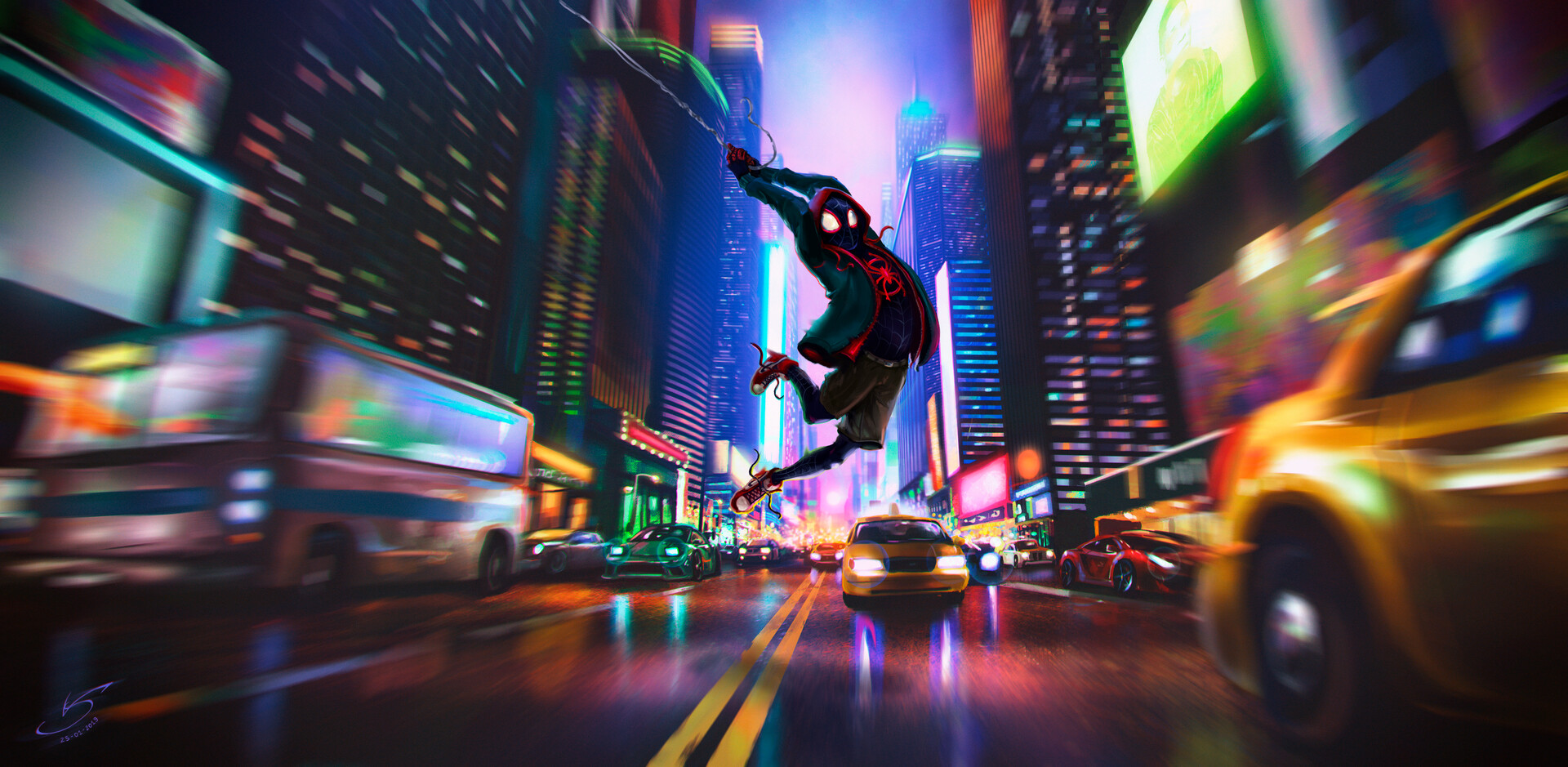 Into The Spiderverse Spider Man Miles Morales City Taxi Buses Street New York City Comics Sony Artwo 1920x939