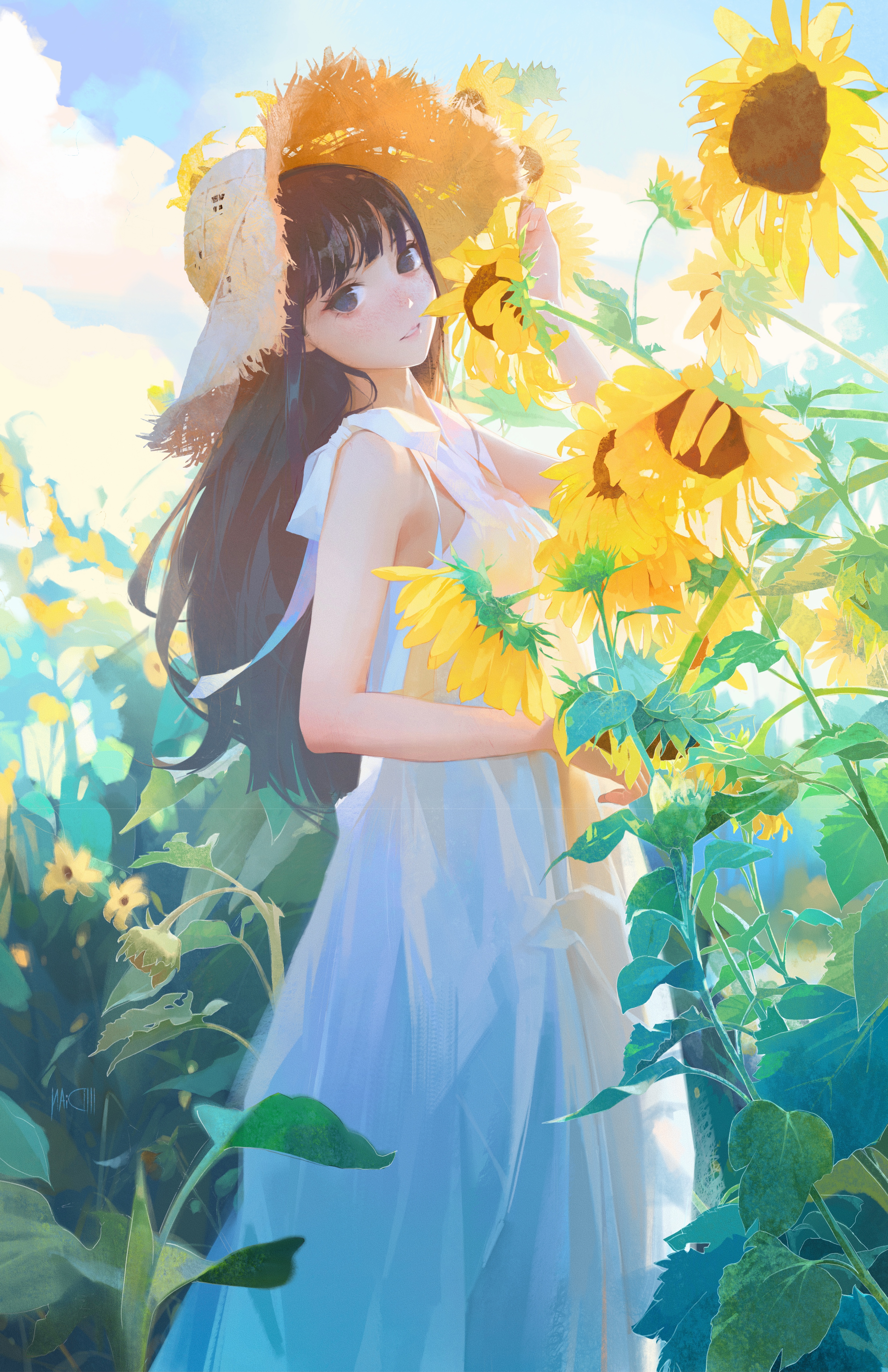ILLDiAN Illustration Portrait Women Vertical Women Outdoors Sunflowers Straw Hat Dress White Dress L 3244x5013