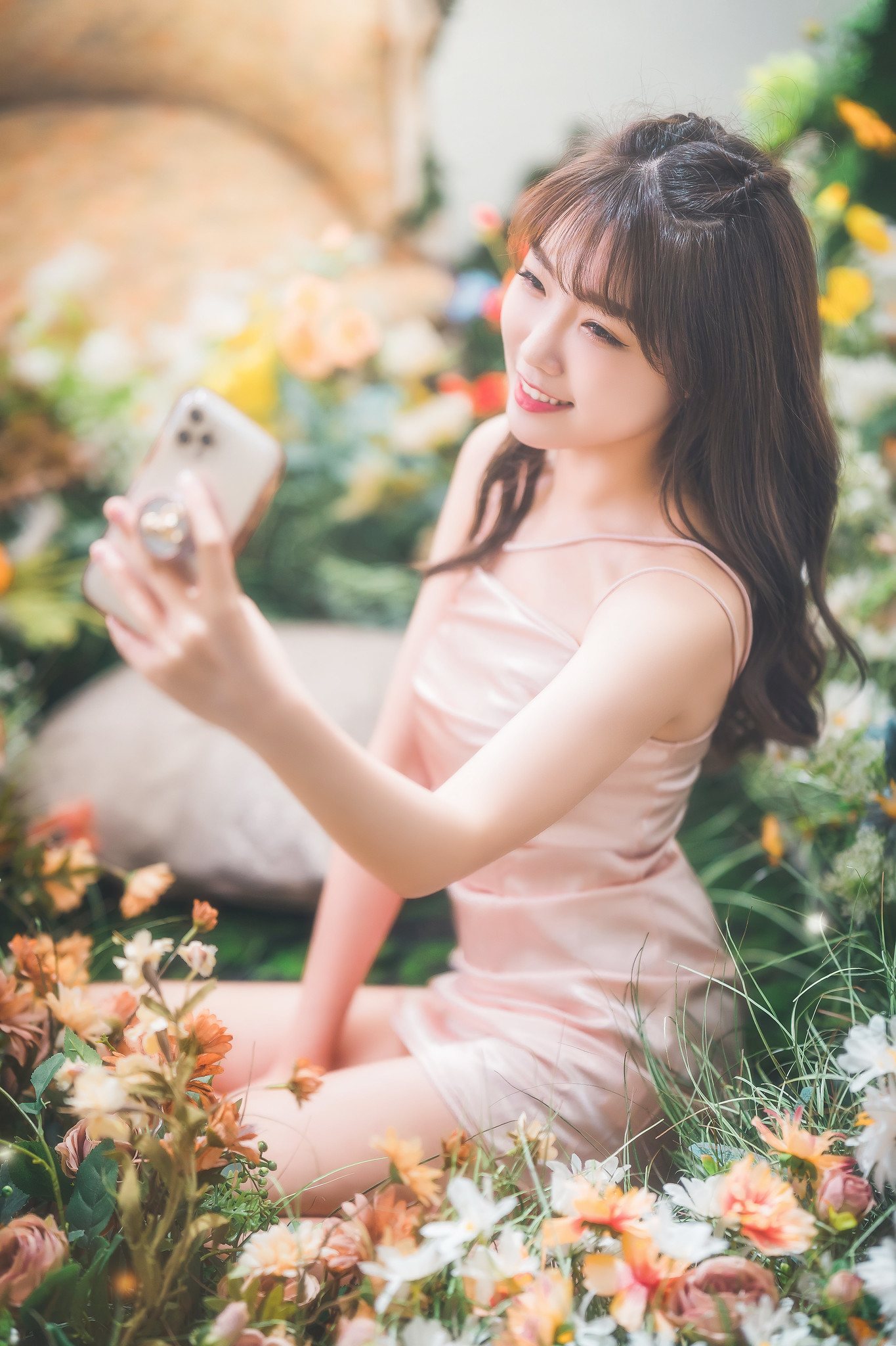 Asian Women Model Smartphone Selfies Flowers Sitting Plants Smiling Pink Dress Long Hair Red Lipstic 1365x2048