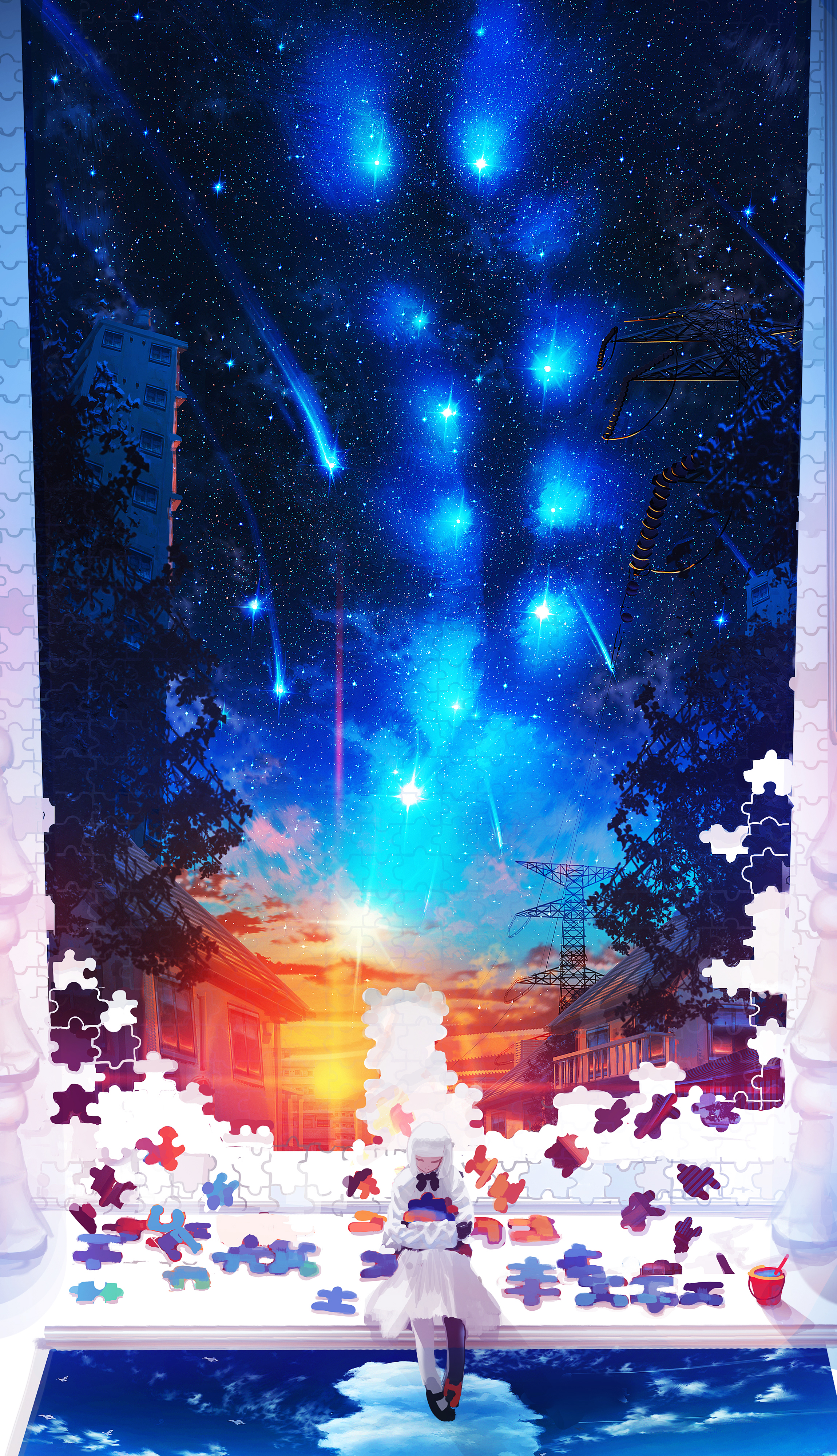 Anime Girls Portrait Display Puzzles Sunset Glow Sunset Utility Pole Shooting Stars Stars Starred Sk 2300x4000