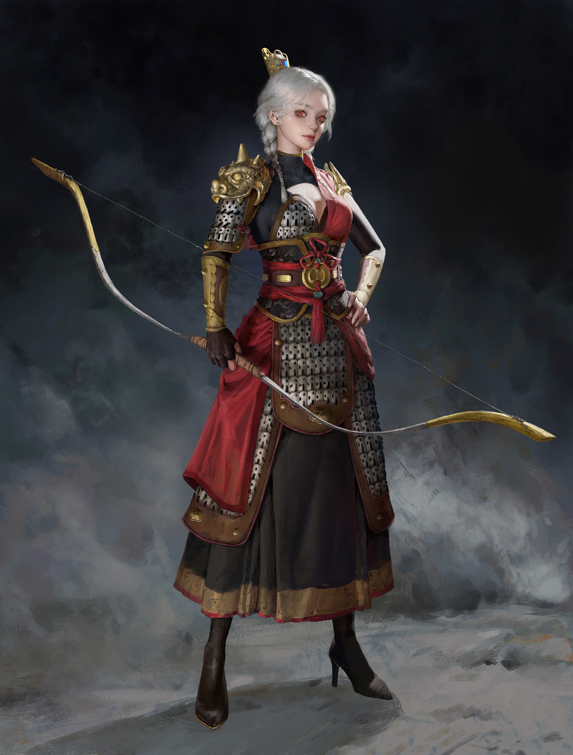 Achai Drawing Women Silver Hair Braids Dress Archer Weapon Fantasy Art Smoke Fantasy Girl 1920x2528