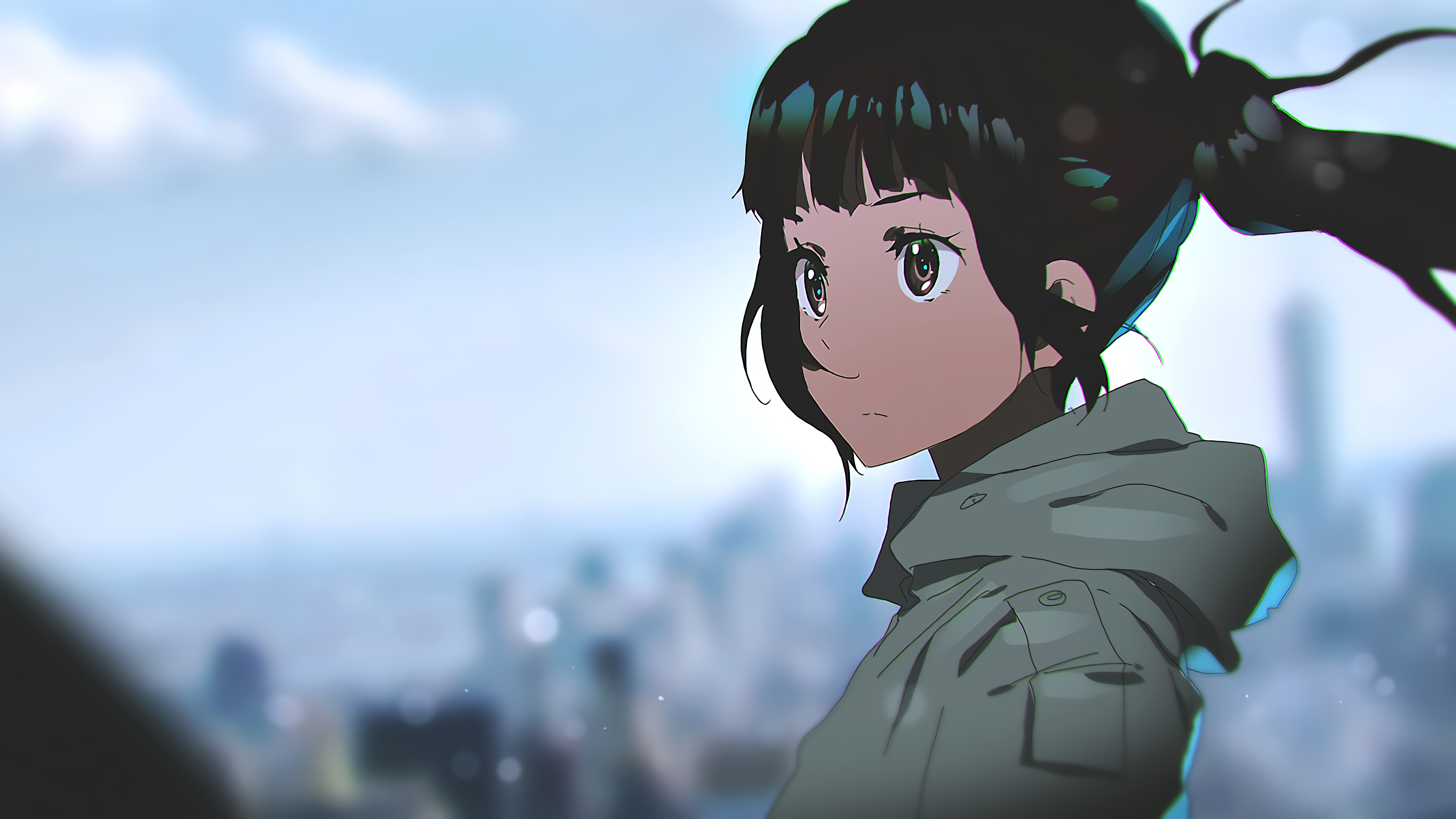 Tom Skender Anime Girls Anime DeviantArt Face Looking Away Blurred Blurry Background Ponytail Clouds 3840x2160