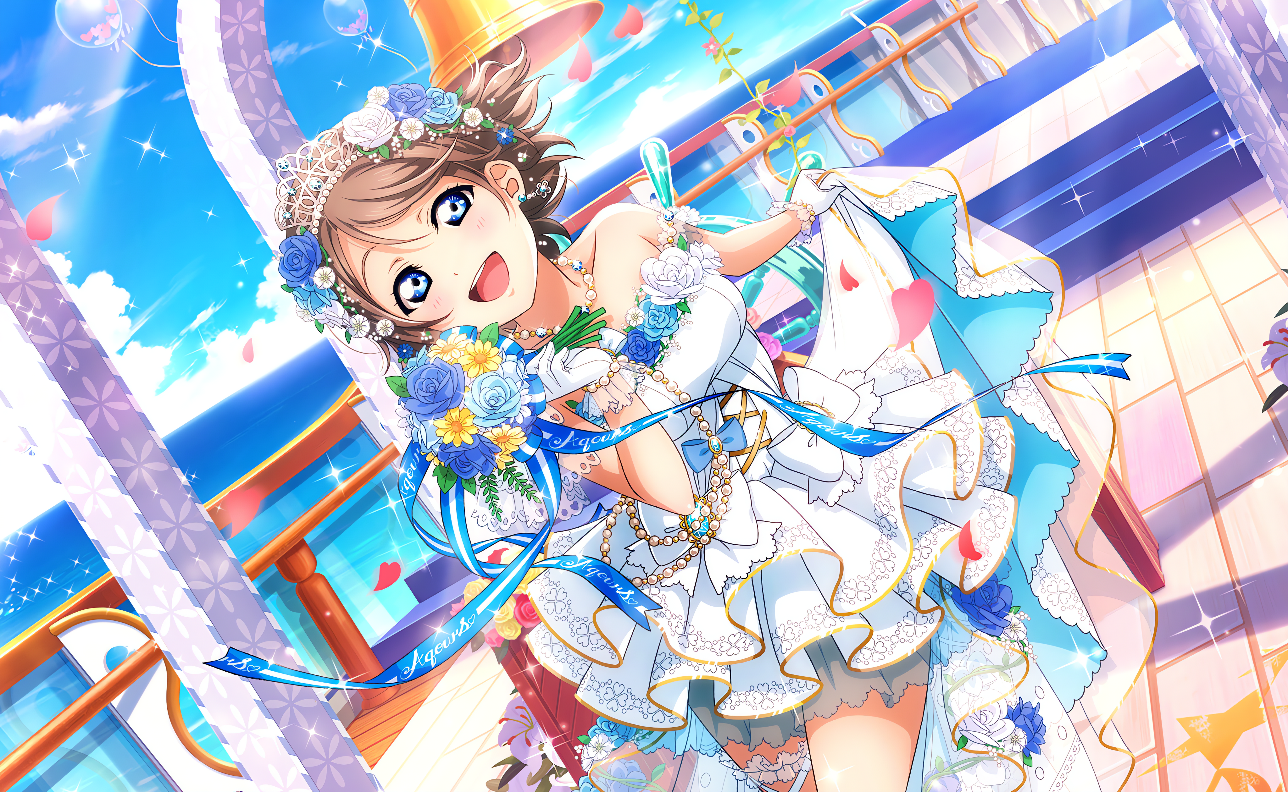 Watanabe You Love Live Love Live Sunshine Anime Anime Girls Clouds Sky Water Stars Looking At Viewer 4096x2520