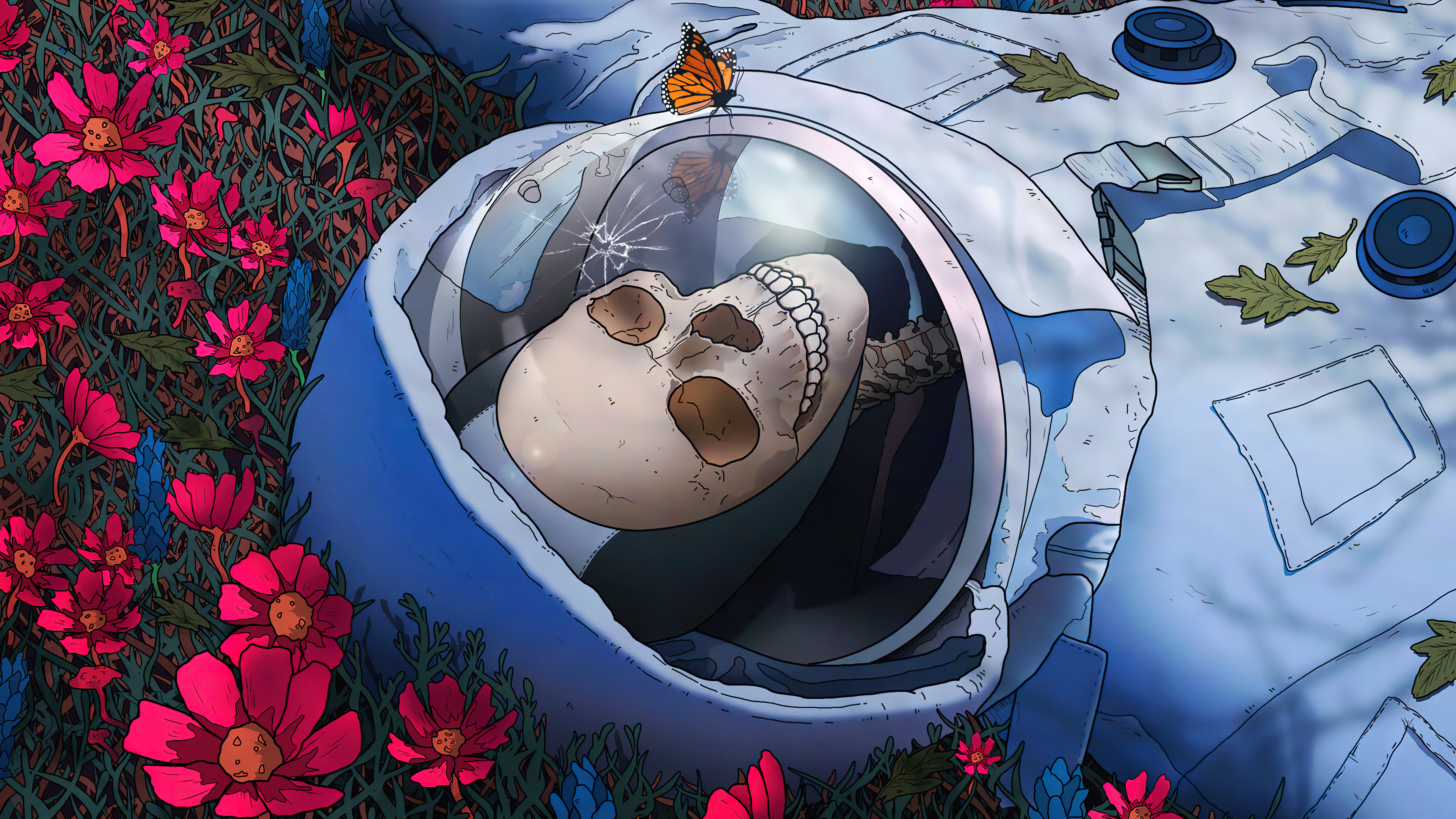Astronaut Skeleton Flowers Butterfly Lying On Back Skull Spacesuit Dead Leaves Digital Art Broken Gl 3840x2160