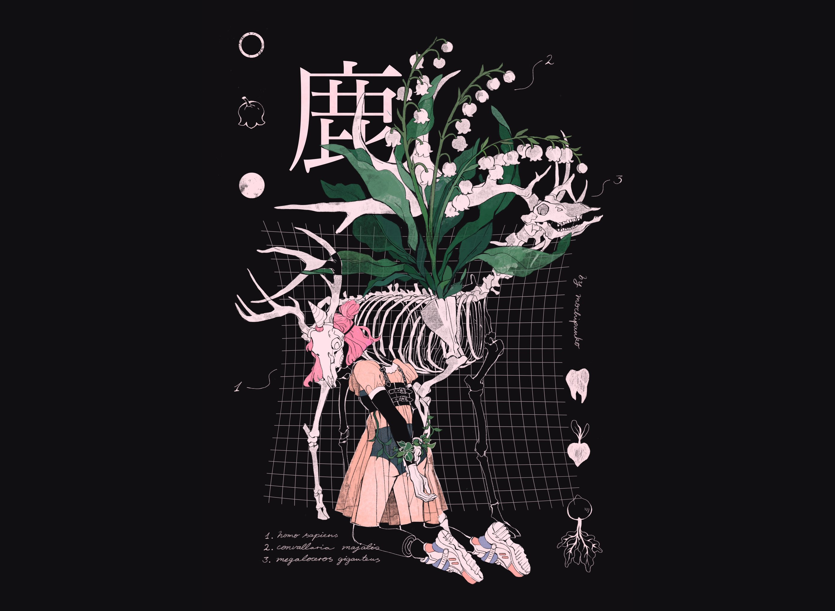 Drawing Illustration Skeleton Surreal Mochipanko Japanese Simple Background Flowers Minimalism Digit 2800x2048