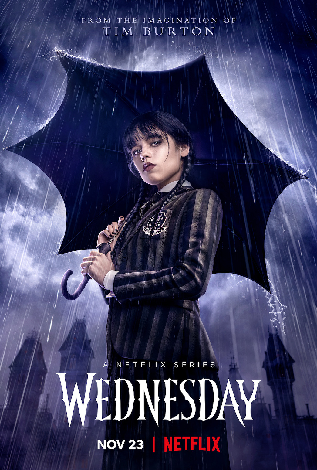 Movies Dark Wednesday Addams Wednesday TV Series Movie Poster Braids Jenna Ortega Rain Umbrella Scho 1045x1548