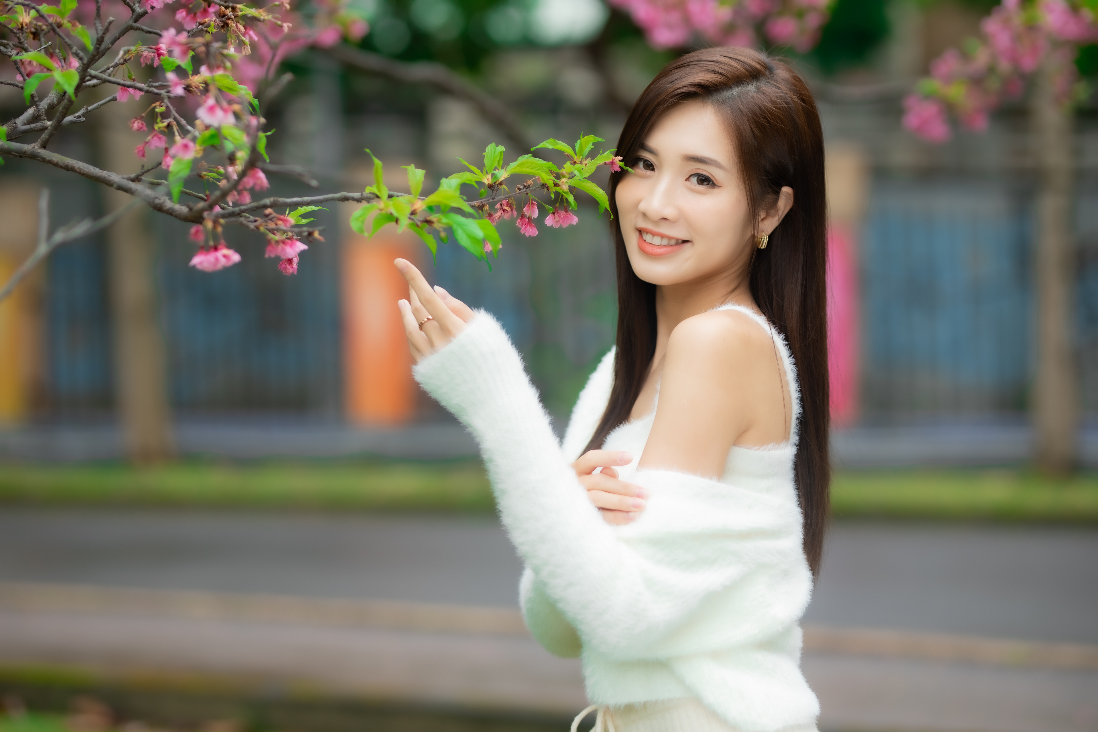 Asian Model Women Long Hair Dark Hair Flowers Trees Outdoors Bokeh 3840x2560