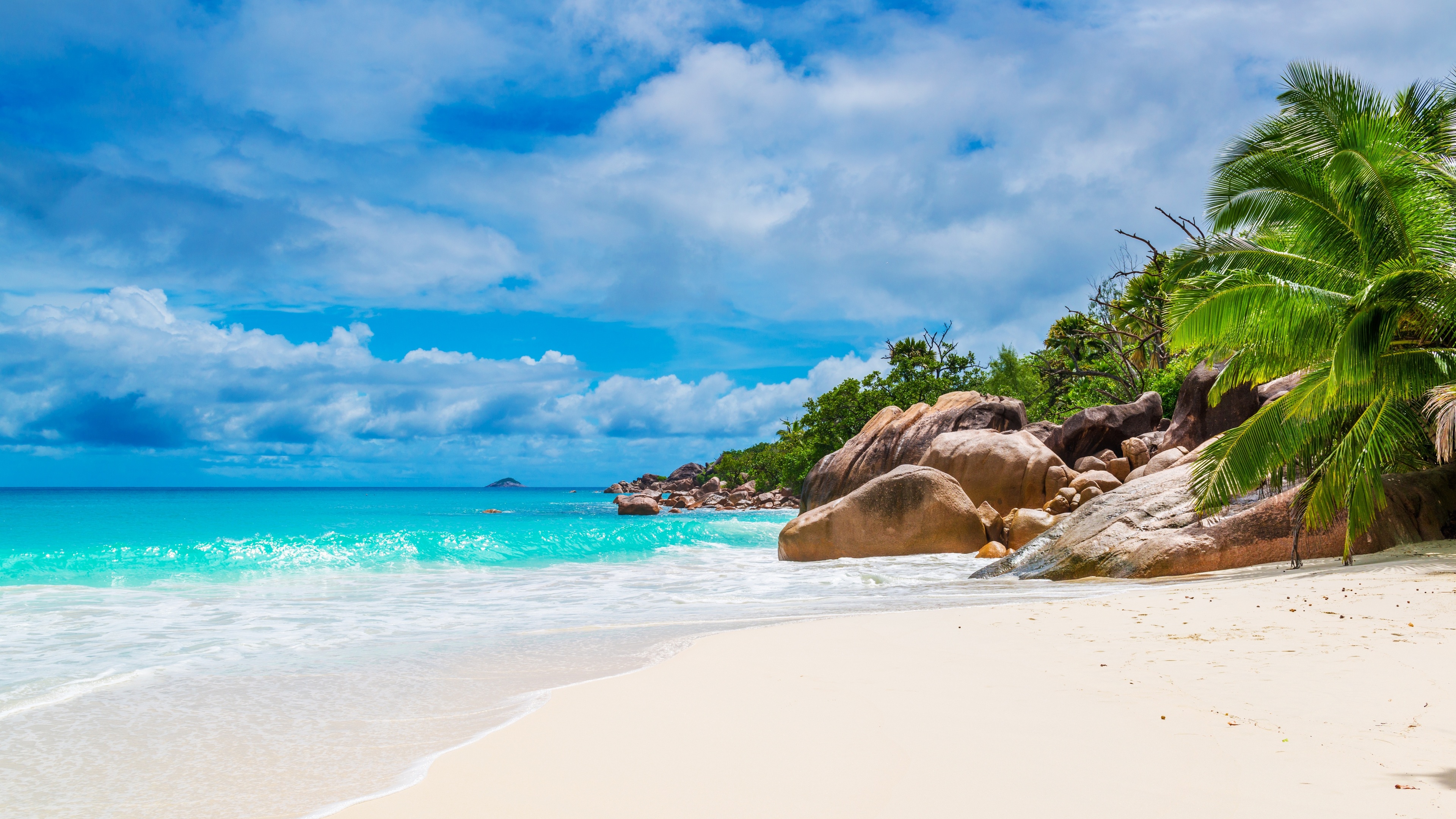 Nature Tropic Island Seychelles Beach Sea Rock Palm Trees Sky Clouds Sand Waves Stones 3840x2160