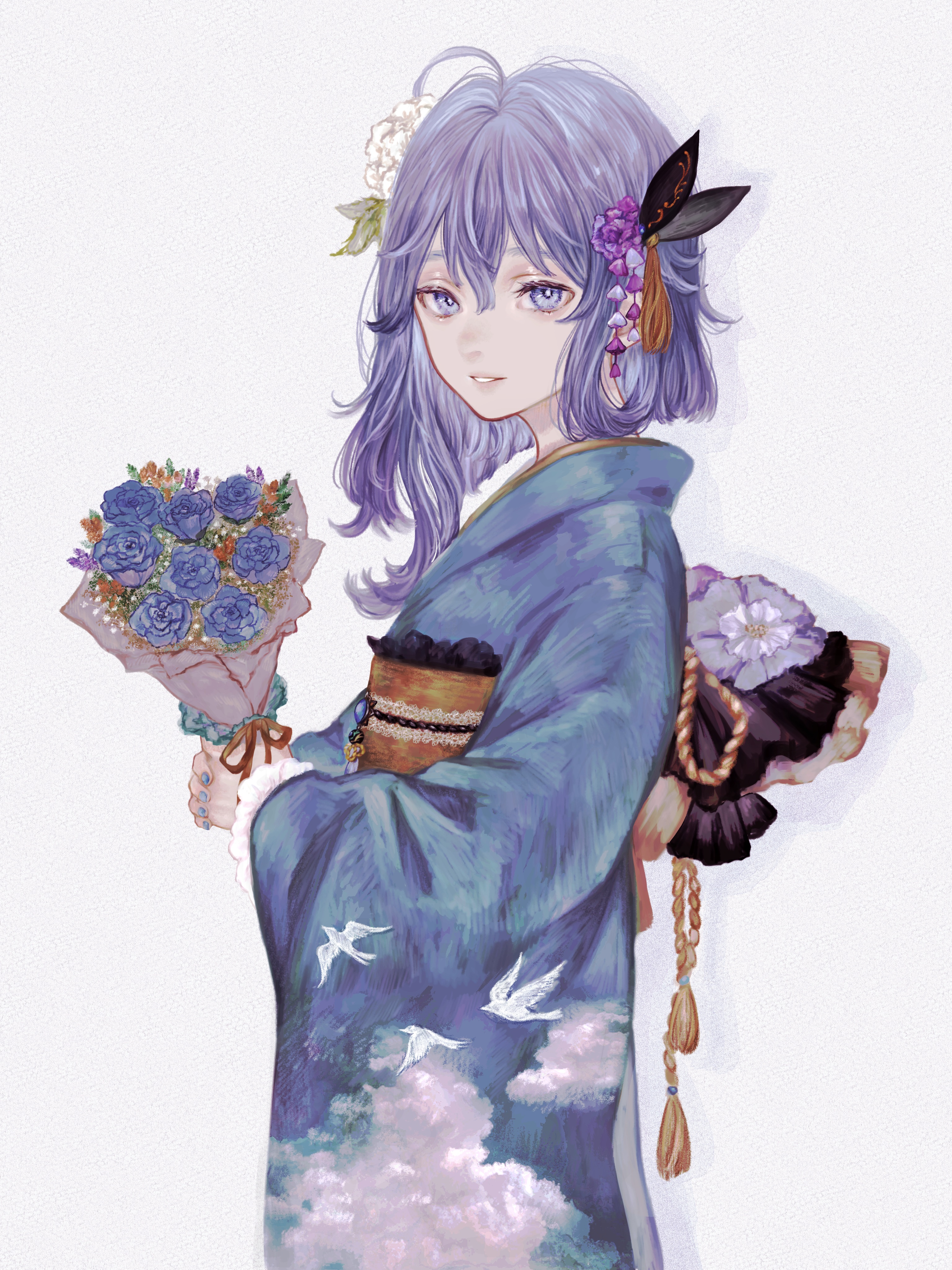 CiEL KAMiTSUBAKi Anime Girls Flowers Kimono White Background Blue Eyes 3072x4096