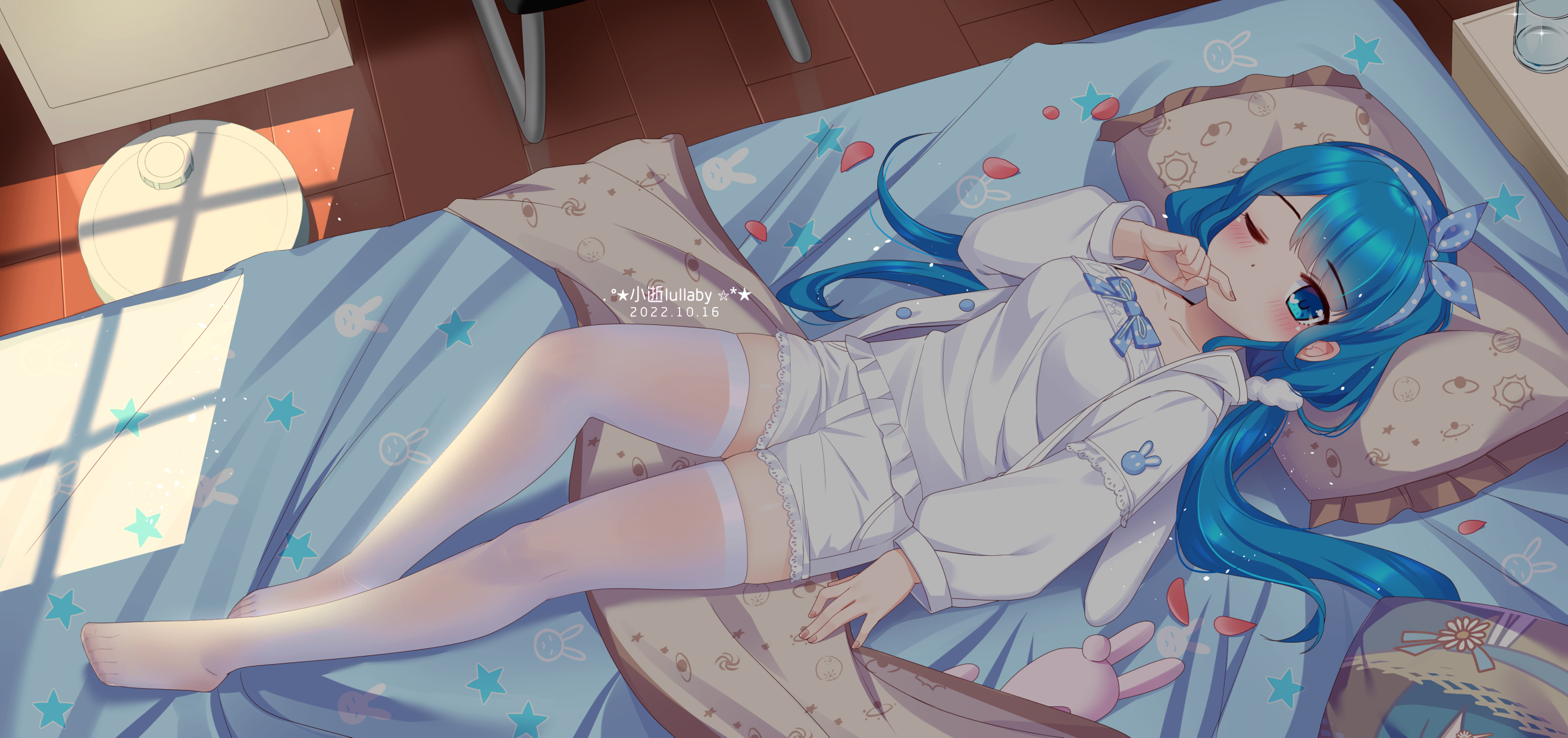 Anime Anime Girls Blue Hair One Eye Closed Blue Eyes Blushing Lying Down Lying On Back Bow Tie Looki 2635x1240
