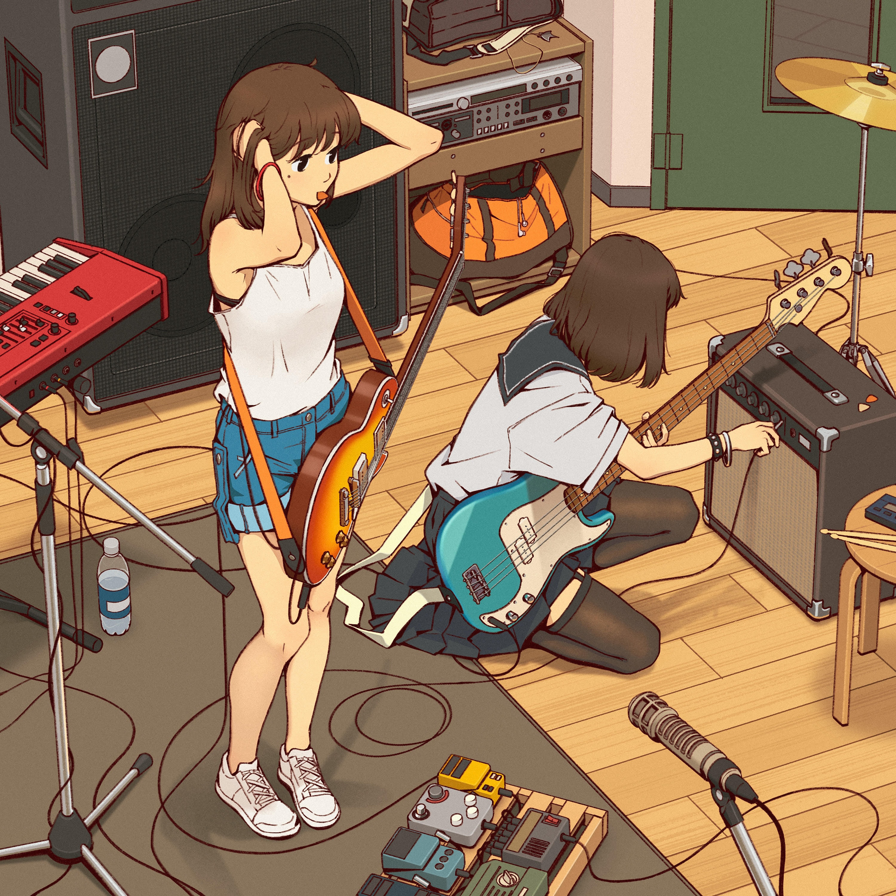 Bysau Digital Art Artwork Illustration Women Couple Electric Guitar Studio School Uniform Amplifiers 3000x3000