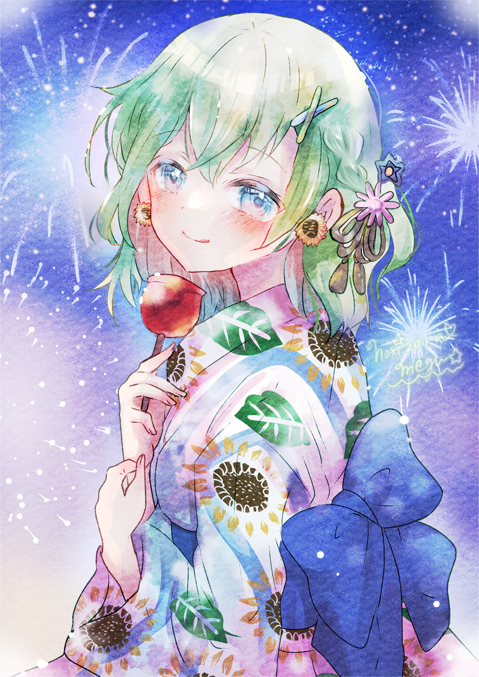 Anime Anime Girls Fireworks Kimono Portrait Display Blushing Candy Apple Sweets Earring Looking At V 956x1351