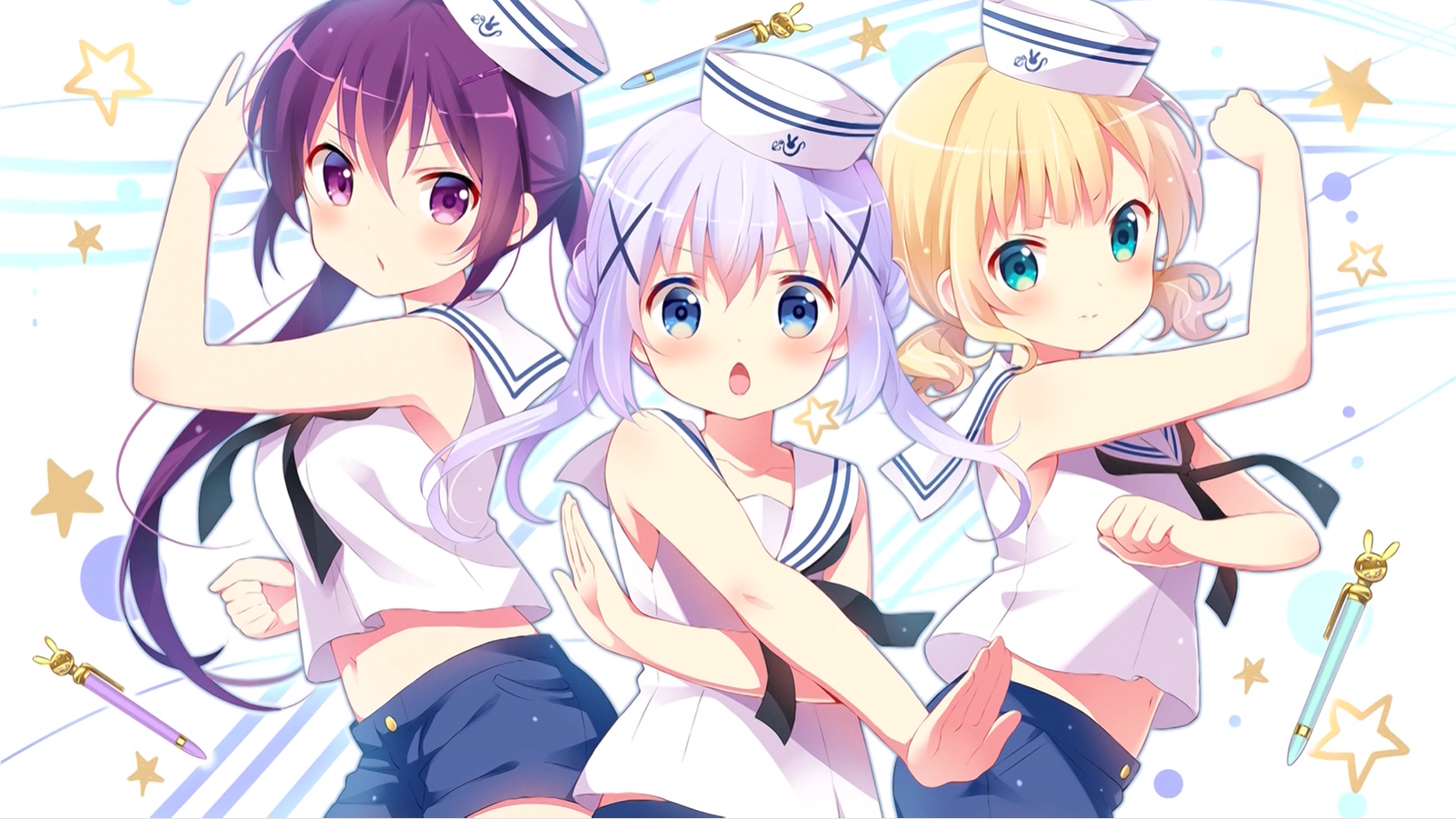 Anime Anime Girls Gochuumon Wa Usagi Desu Ka Sailor Uniform Hat Looking At Viewer Blushing Stars 1602x901