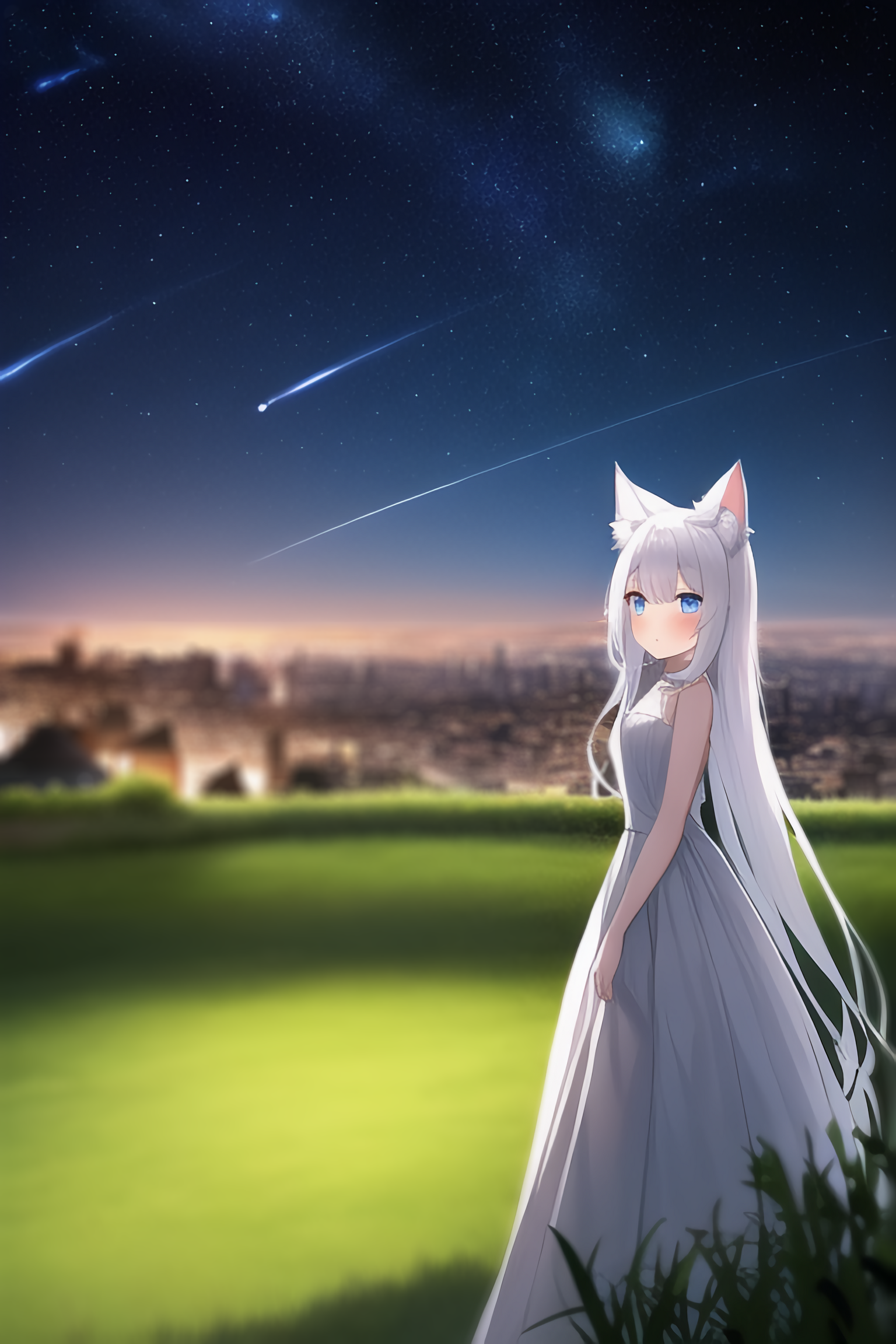 Anime Starry Night Sky Sunlight Night Forest Ai Cat Girl Cat Ears Stars 1536x2304