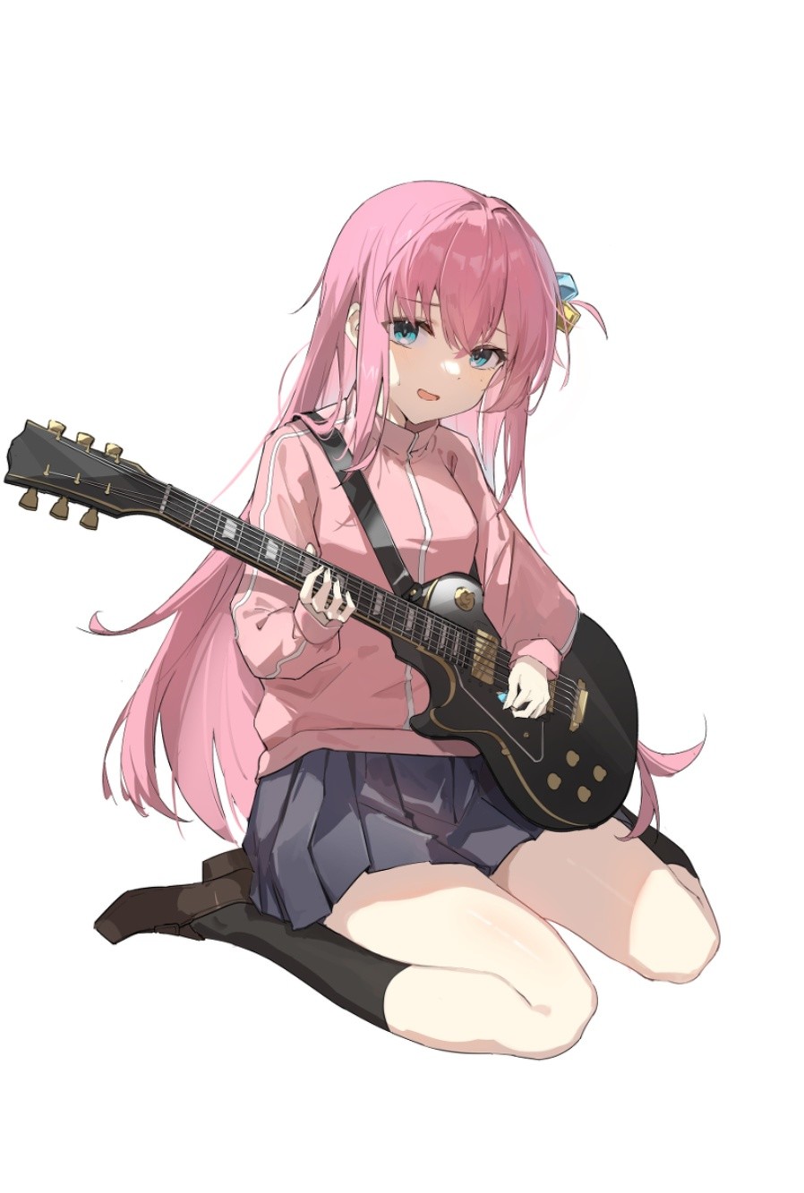 Anime Anime Girls BOCCHi THE ROCK Gotou Hitori Guitar Hair Accessories Long Hair Pink Hair Blue Eyes 898x1333