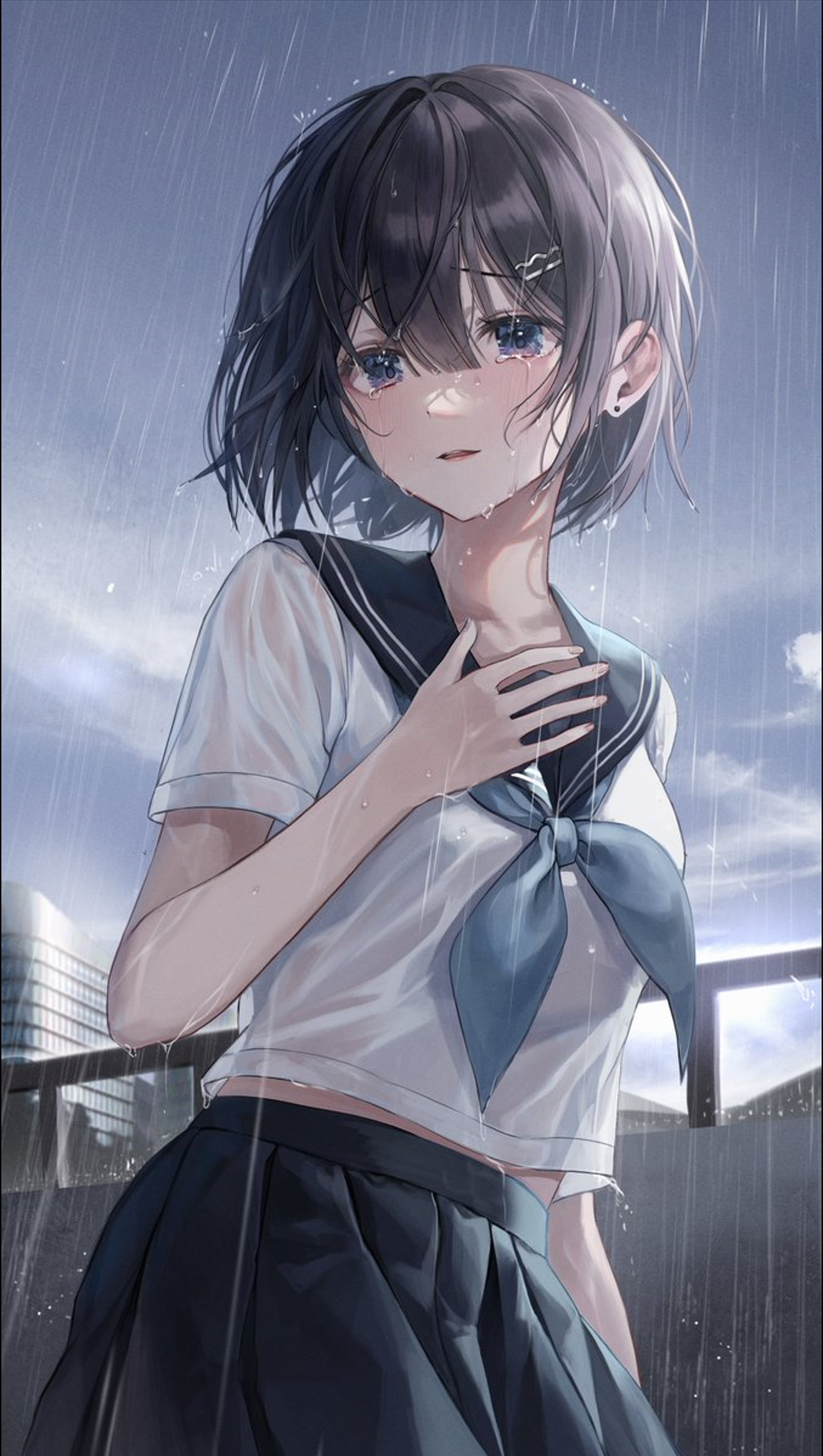 Myowa Anime Girls Blue Eyes Rain School Uniform Schoolgirl 1319x2333