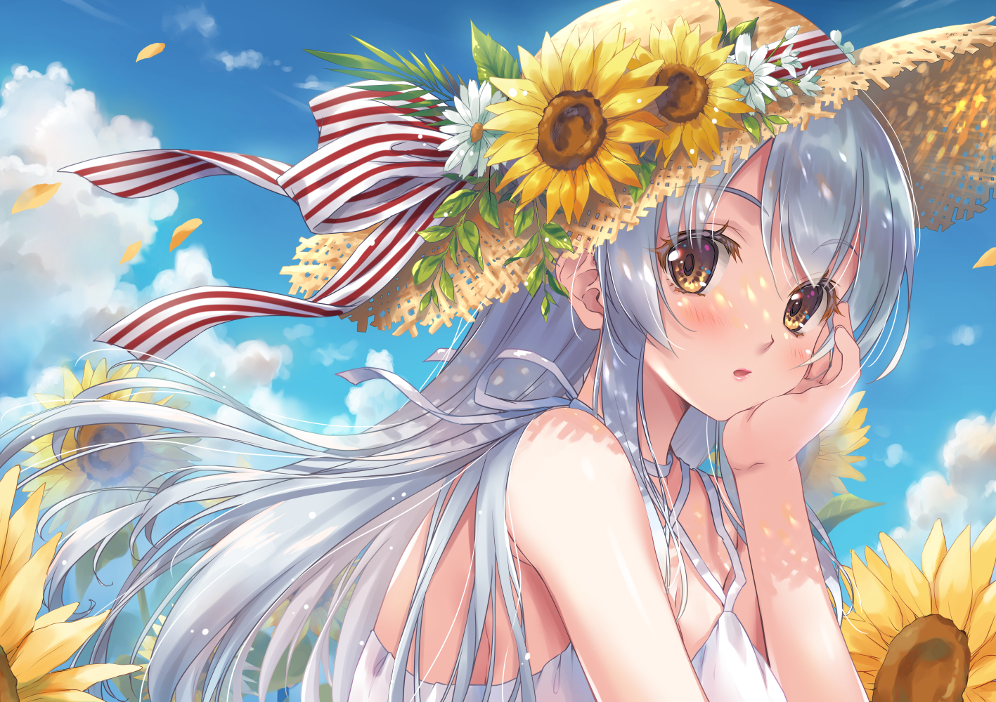Anime Anime Girls Sunflowers Straw Hat Petals Blushing Looking At Viewer Yellow Eyes Silver Hair Sky 1417x1000