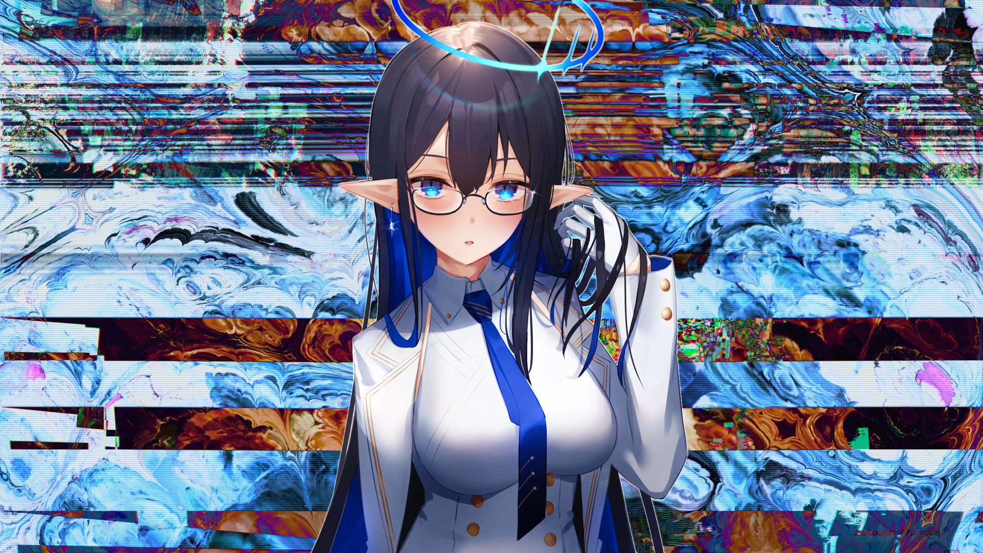 Anime Girls Creative Coding Nimbus Hands In Hair Pointy Ears Anime Tie Glasses Blue Eyes Gloves 1920x1080
