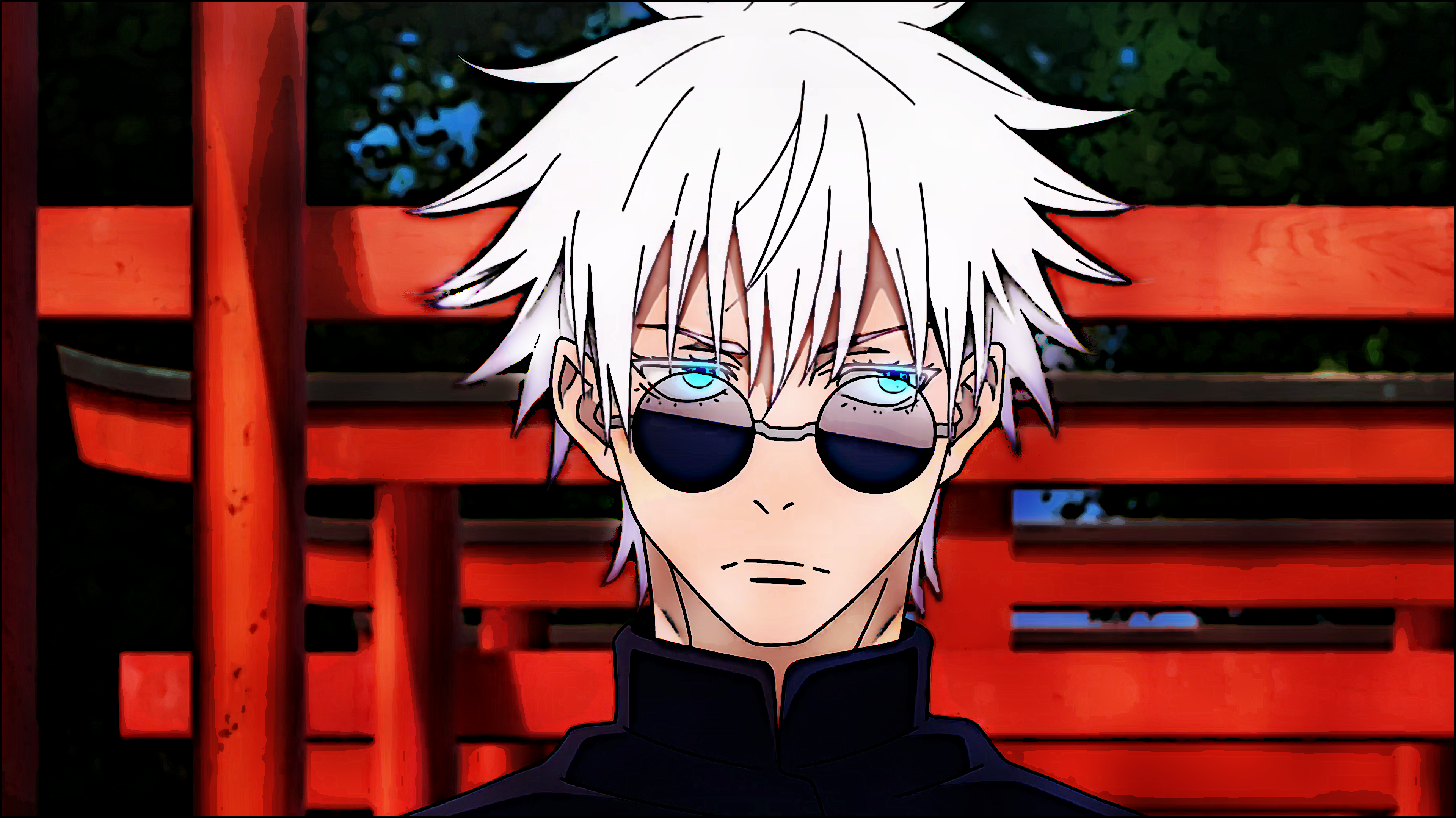 Satoru Gojo Jujutsu Kaisen Anime Anime Boys Looking Away Sunglasses White Hair Blue Eyes Torii Frown 3840x2160